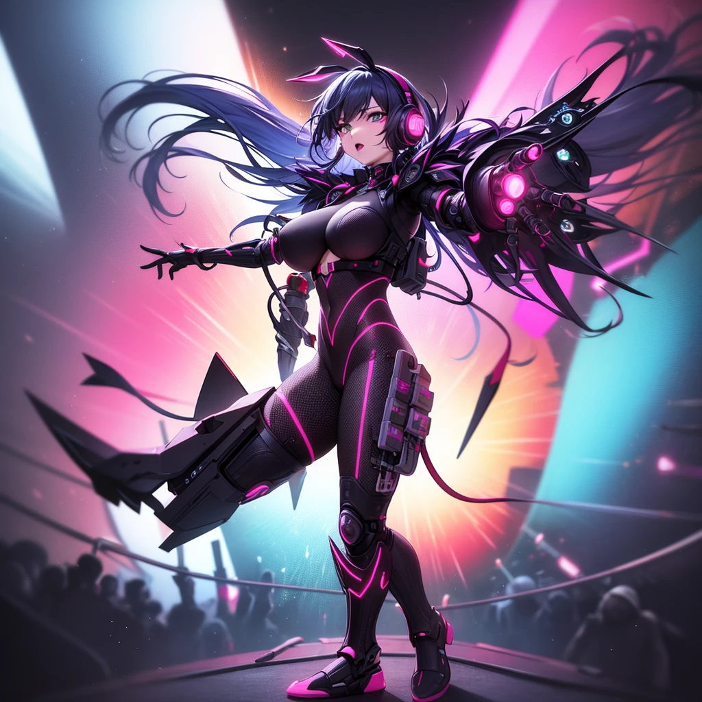 a tanned skinned girl, straight shoulder length hair with bangs, black with blue highlights, purple and pink, with dark purple eyes, serious expression, cyberpunkstyle