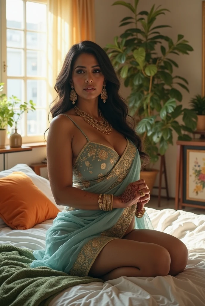 Beautiful indian woman posing, straight photoshoot pose, full body portrait, night, night time, moon, detailed face, cute, big eyes, iconic, photorealistic, waiting in bedroom, detailed background, big breasts, sexy thin saree, long wavy hair, cleavage, symmetric face, masterpiece, 8k, ultra realistic, milk glass
 in hands,  jasmine flowers in hair , big   showing, a man watching her  