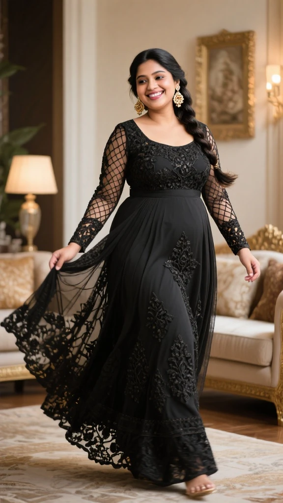 Fat woman in a long tulle dress, in black color, circle skirt, come with applications, long and flowing sleeves and red lipstick, greeneyes