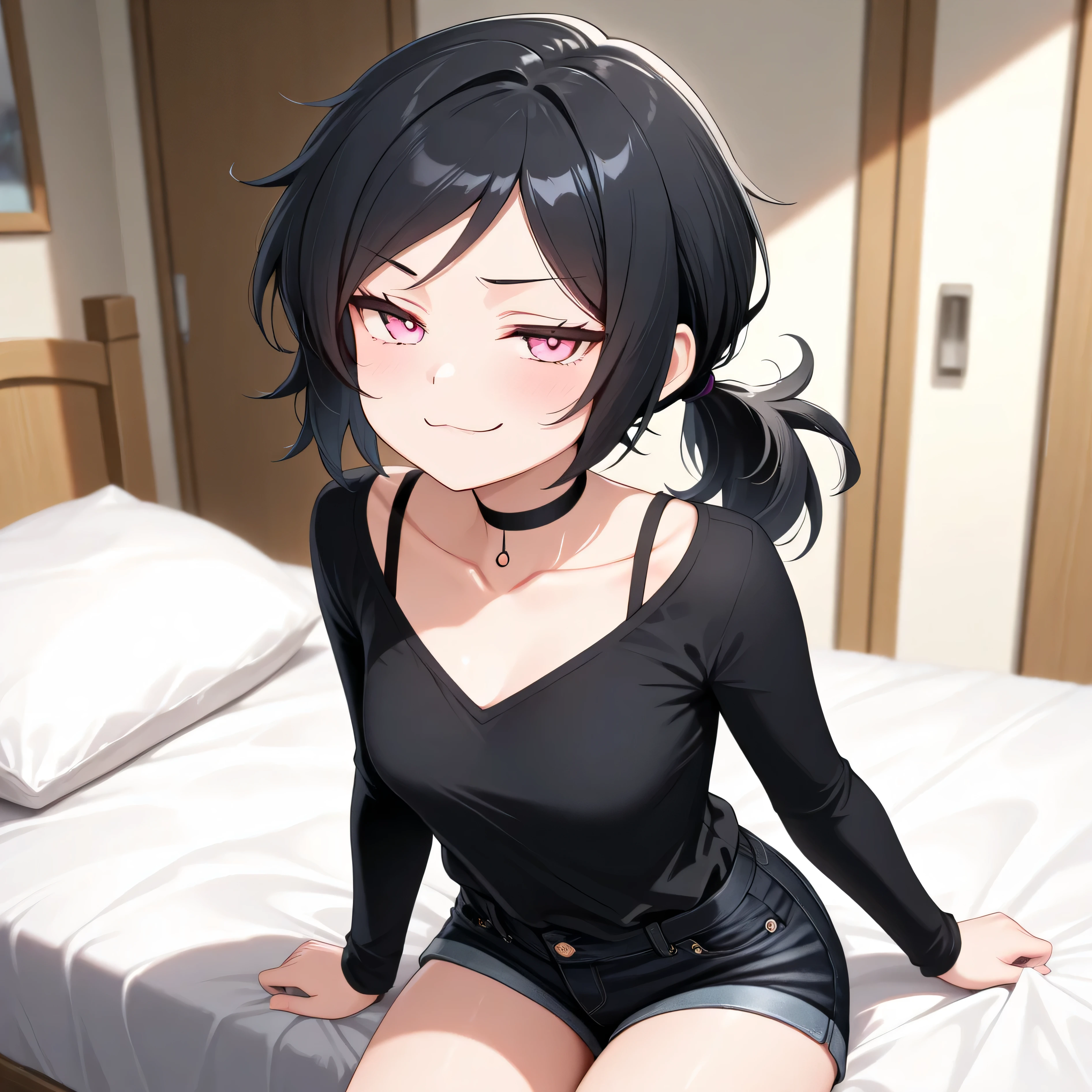 masterpiece, best quality, amazing quality, in house, on bed, 1girl, solo, black hair, ponytail, pink eyes black shirt, long sleeves, bra strap, black shorts, denim shorts, short shorts, black choker, collarbone, looking at viewer, sitting, smug, taking shirt off,