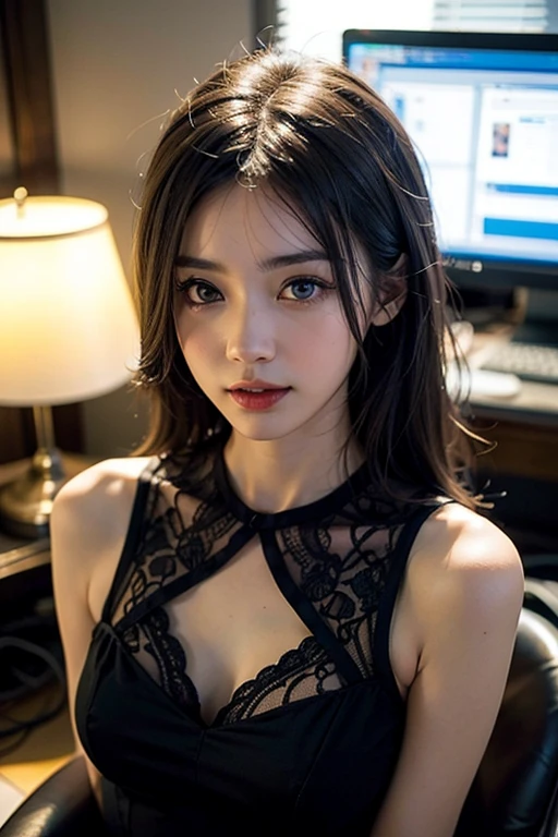 (8K, RAW Photos, ultra-quality, ultra-detailed CG with unity 8K Wallpaper, masutepiece:1.2), SIGMA Lens 35mm F10 , Shutter Speed 1/125, ISO 1600, profetional lighting, One girl, 3D, Cluttered office、Full body, (Burst breasts:1.5),White manicure、Pointing your butt towards the viewer:1.5,Note PC:1.5, Sit on top of the laptop:1.5, ,(with spreading legs:1.5), Bend your knees:1.5, Spread your arms:1.5, Place your right and left hands behind your head:1.5, Distractions from work、(laughing sweetly:1.2) , Black short wave hair , Strapless:1.5、 Turn to the viewer、White bra:1.5, a miniskirt:1.5、 Show me your white panties:1.5、Super beautiful detailed eyes, Beautiful detailed eyes、Detailed iris, Black pupil, water-based humor shine, Ultra-detailed eyelashes, (Super beautiful detailed hair), precise shading of hair, Delicate hair tips, professional make up:1.5, hyperdetailed lips, Precisely drawn lip wrinkles, Beautiful shiny lips, Wearing small jewelry earrings that match the color of the outfit,