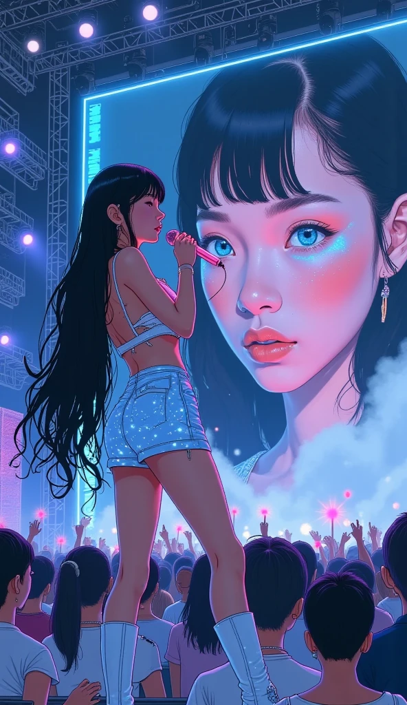 (a glamorous pop idol girl performing on stage:1.3), (long black hair with bangs, shimmering light blue sequin halter top and skirt:1.2), (wearing white knee-high boots:1.0), (holding a glowing pink microphone:1.1), (striking a confident pose with one leg bent), (background: giant LED screen showing alternate version of her:1.4), (on the LED: same girl, but exhausted, slouched posture, makeup smudged, tears in eyes, cold blue light on face:1.4), (LED screen slightly glitched, hinting at emotional breakdown), (stage lights flashing purple and teal:1.1), (sparkles in the air, but fading behind her), (crowd is cheering, unaware of what’s revealed behind), (soft fog around the stage), (theme of hidden depression behind fame), (cinematic concert illustration, story-driven, dramatic emotional lighting), (4k ultra detailed, highly expressive, poster-worthy concept) --v 6 --style raw --ar 2:3 --quality 2 --upbeta