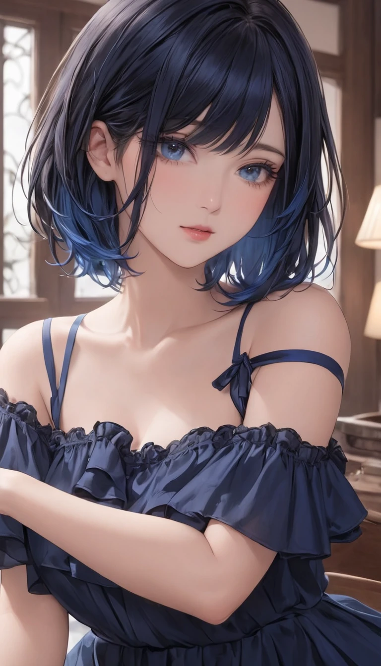 Beauty, Navy Blue Hair, Blue eyes, Blue underwear、((White lace))、((Big Breasts))、to close range、Blue Necklace、Blue earrings、head band、Short Hair