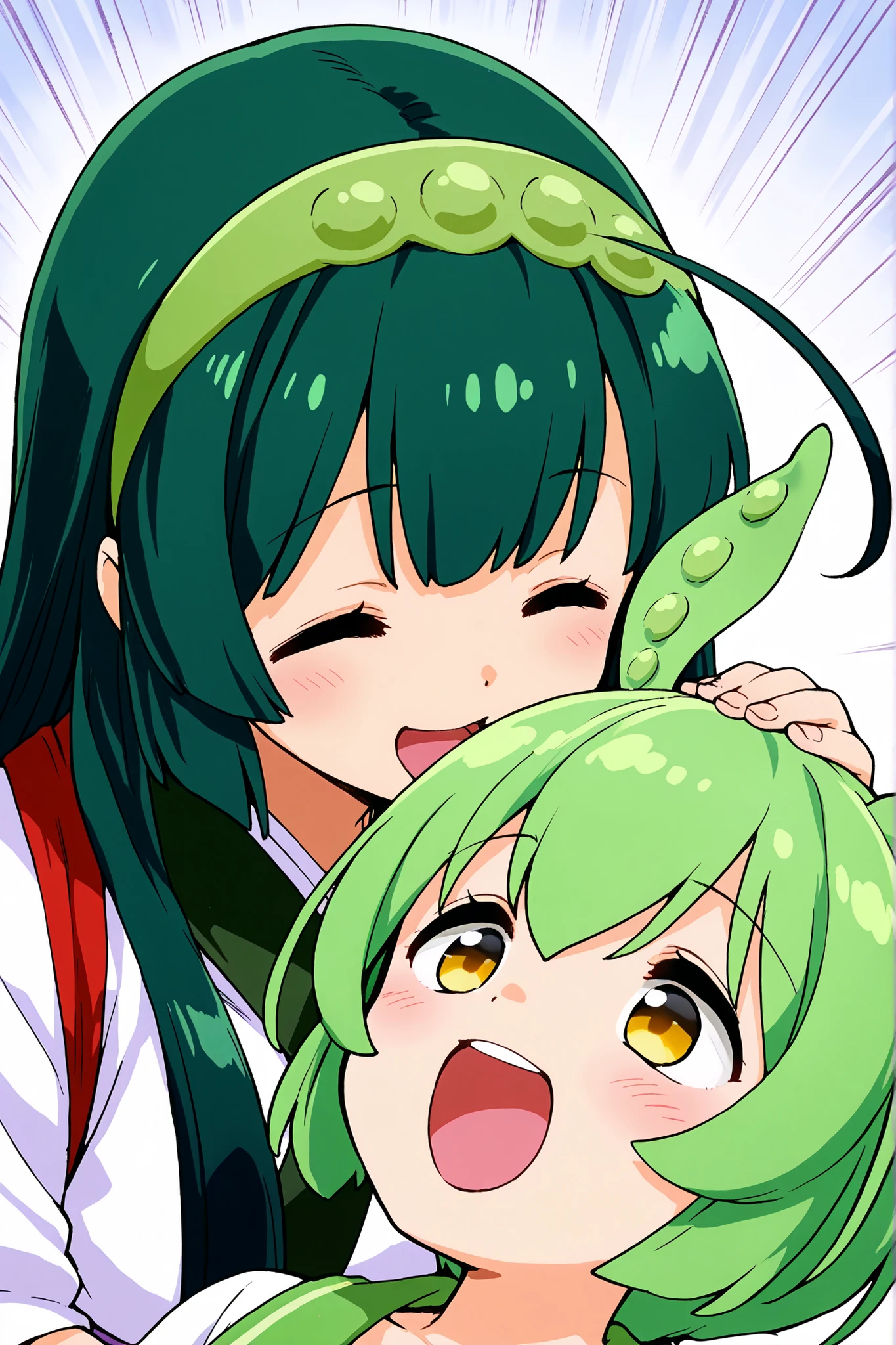 Tohoku Zunko,zundamon,TWO GIRLS,high resolution,smile, opening their mouths,top quality