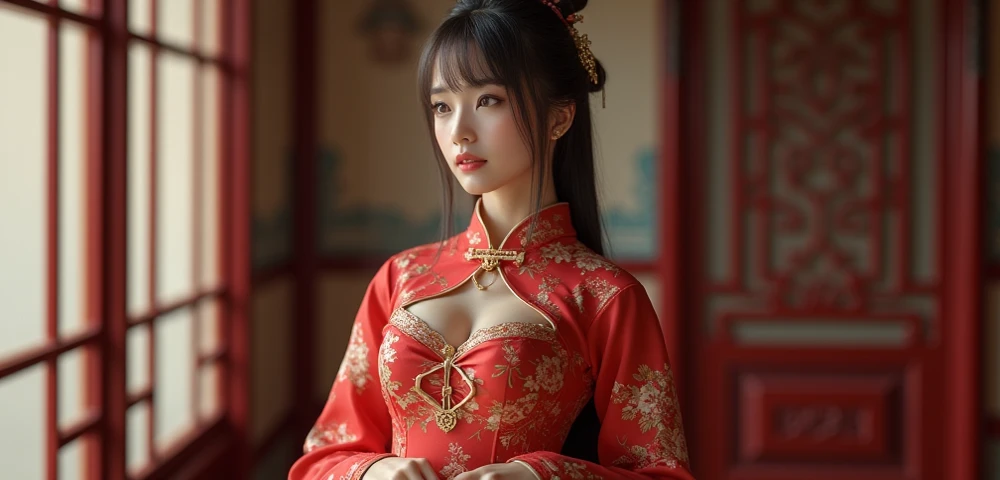 A gorgeous empress of the Chinese court during the Qing Dynasty, naked with big breasts on a golden sofa, spreading one&#39;s legs open wide with knees bent,creating the shape of the letter M（Porn Pose） A gorgeous Chinese imperial empress with her hair tied on both sides and wearing a crown、Background of kinky and erotic woman tying her hair、The story is set in the luxurious rooms of an empress in the Chinese imperial court during the Qing dynasty.。