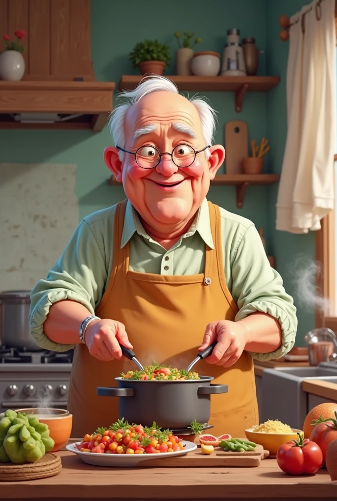 Mr. olivier: senior citizen, wears a sauce-stained apron, gray hair.