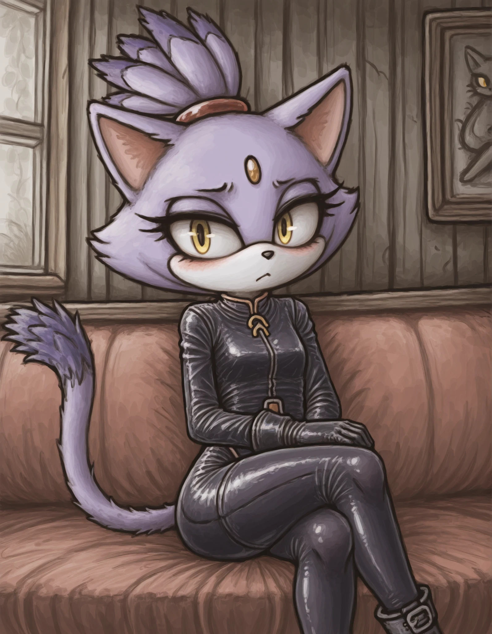 MCNS322MGG, faux traditional media,, 1girl, solo, latex, latex gloves, latex legwear, crossed legs, looking at viewer, relaxed expression, furry, blaze the cat, purple fur, topknot, ponytail, cat tail, yellow eyes, extremely detailed, highres, masterpiece, best quality