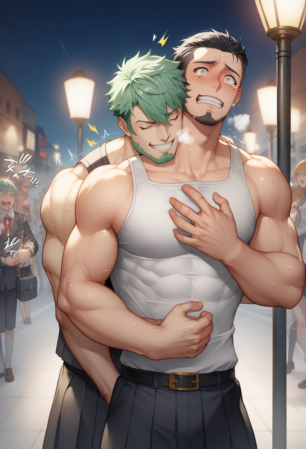 Sanji and Roronoa Zoro from One Piece in a kitchen. Making protein shakes. Both have trained themselves to look and act like big dumb bodybuilder jocks. Blending in with the other bodybuilder jocks. Assimilation. Dumb jock bros. Blank stares. Hyper crotch bulges. Dumber and dumber. IQ drain. Both equally muscular. "Bro, I feel ... kinda ... uhhh ... stupid...? Like my head gets ... dumber, and ... dumber, and ... dumber..... I'll ... be dumb ... for Coach.... Bigger and bigger ... dumber and dumber.... Huhuhuh.... Yes, Coach. A good dumb jock is big and dumb. A good dumb jock's what I'll become...." Chuckling vapidly. Hyper biceps. Hyper triceps. Broad shoulders. Thick, meaty hyper pecs. Hyper traps. Tank tops. Blank stare. Open mouths. Vapid. bro. bodybuilder. IQ drain. Jock. hypnosis. dumber. Big crotch bulges. Dumbing down. Brainwashing. Giant muscles. Hyper muscles. Dumber and dumber. Bigger and bigger. Muscleheads. Meatheads. Jocks. Hypnotized. Hypnosis. Brainwashed. Brainwashing. Subliminal hypnosis. Flexing. Tall and muscular.