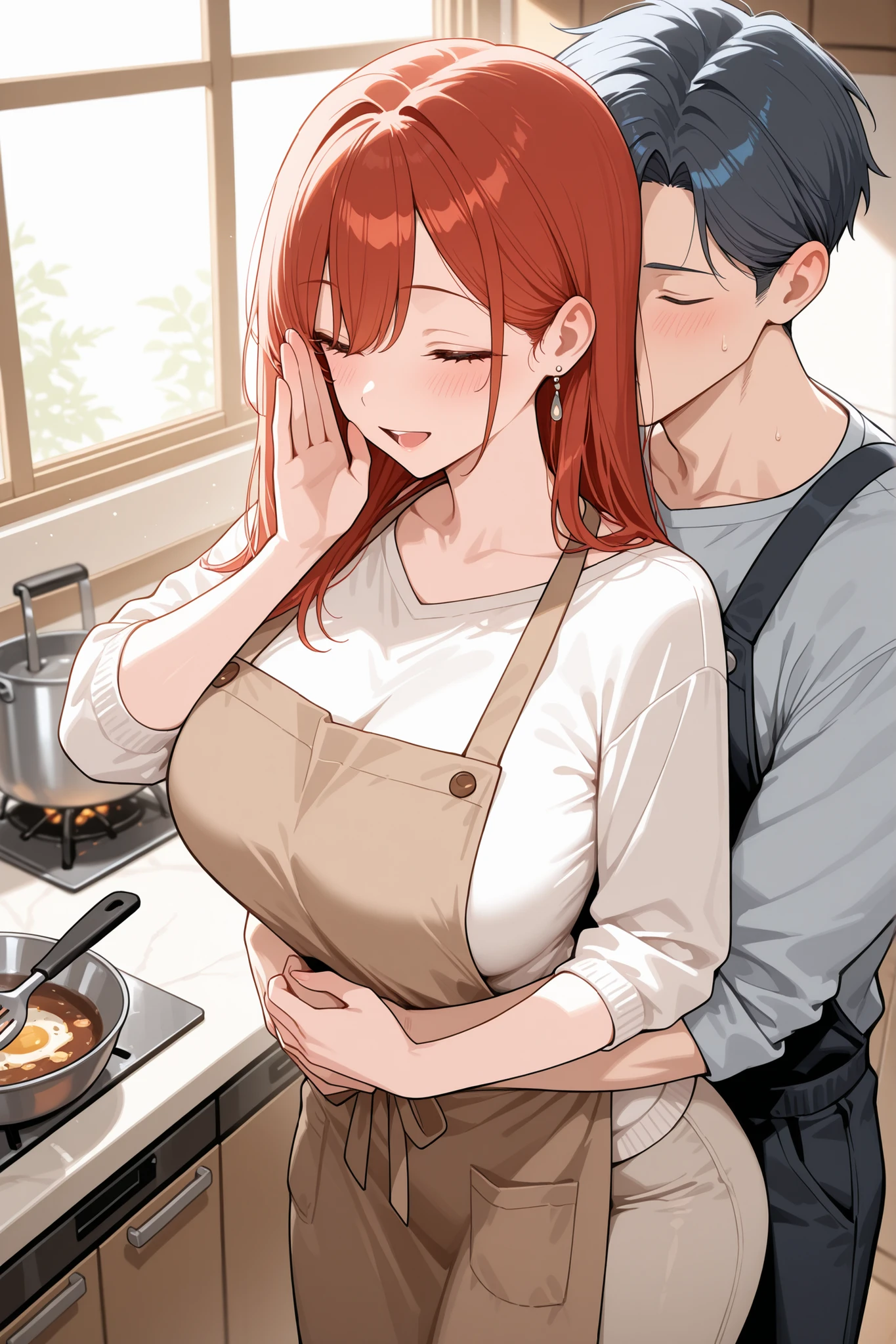 A wife hugs her husband from behind while he cooks, whispering into his ear playfully in the kitchen.