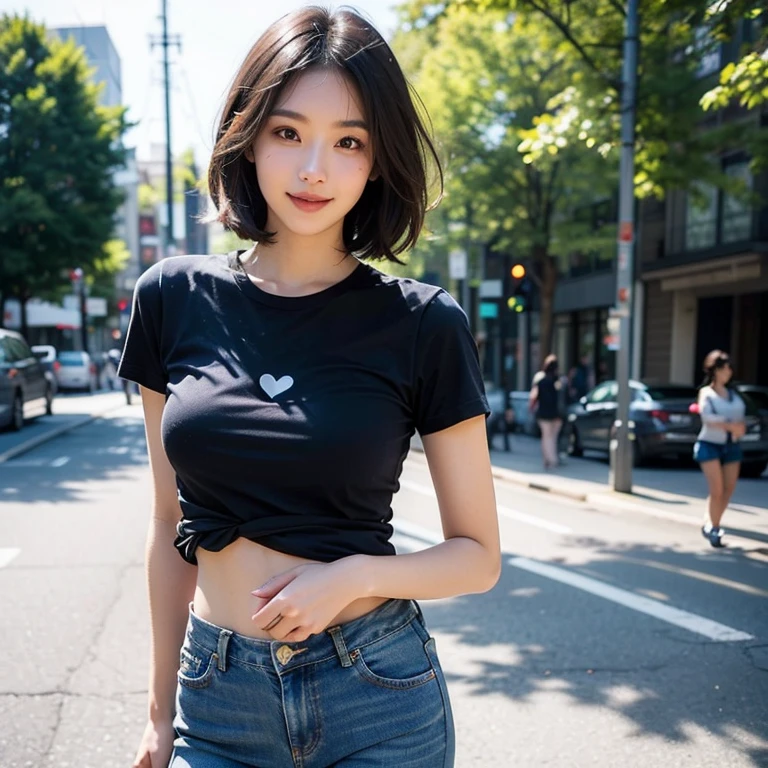 Professional, realistic, High level of detail, Full body photo of 18 years old woman, korean, Tight cargo pants, (white crop top t-shirt:1.3_MUST), (yelloe-off beanie:1.3(MUST)), (glossy black hair in blunt bob:1.3), full body, Standing posing for a photo, hands in a pocket:1.3(Must) on a playground, photogrnic pose, (random standing pose: 1.3) ,Natural light, (Attractive young woman:1.3), (seductive:1.1), (blush:1.1), round and big breasts, cleavage, bacgkround at afternoon playground in south jakarta buildings