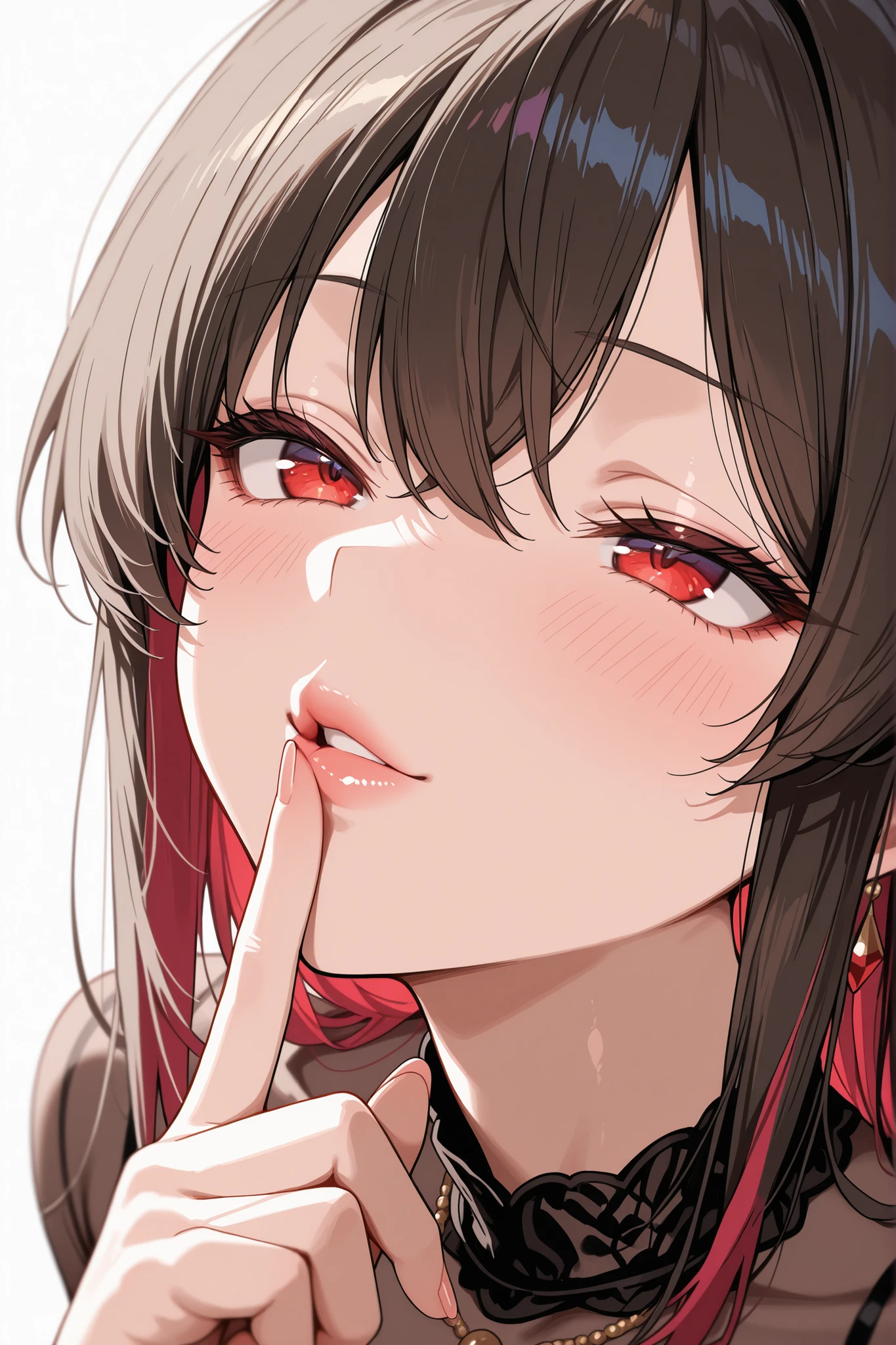 A seductive woman touches her lips with her finger, looking up at you with a teasing gaze.