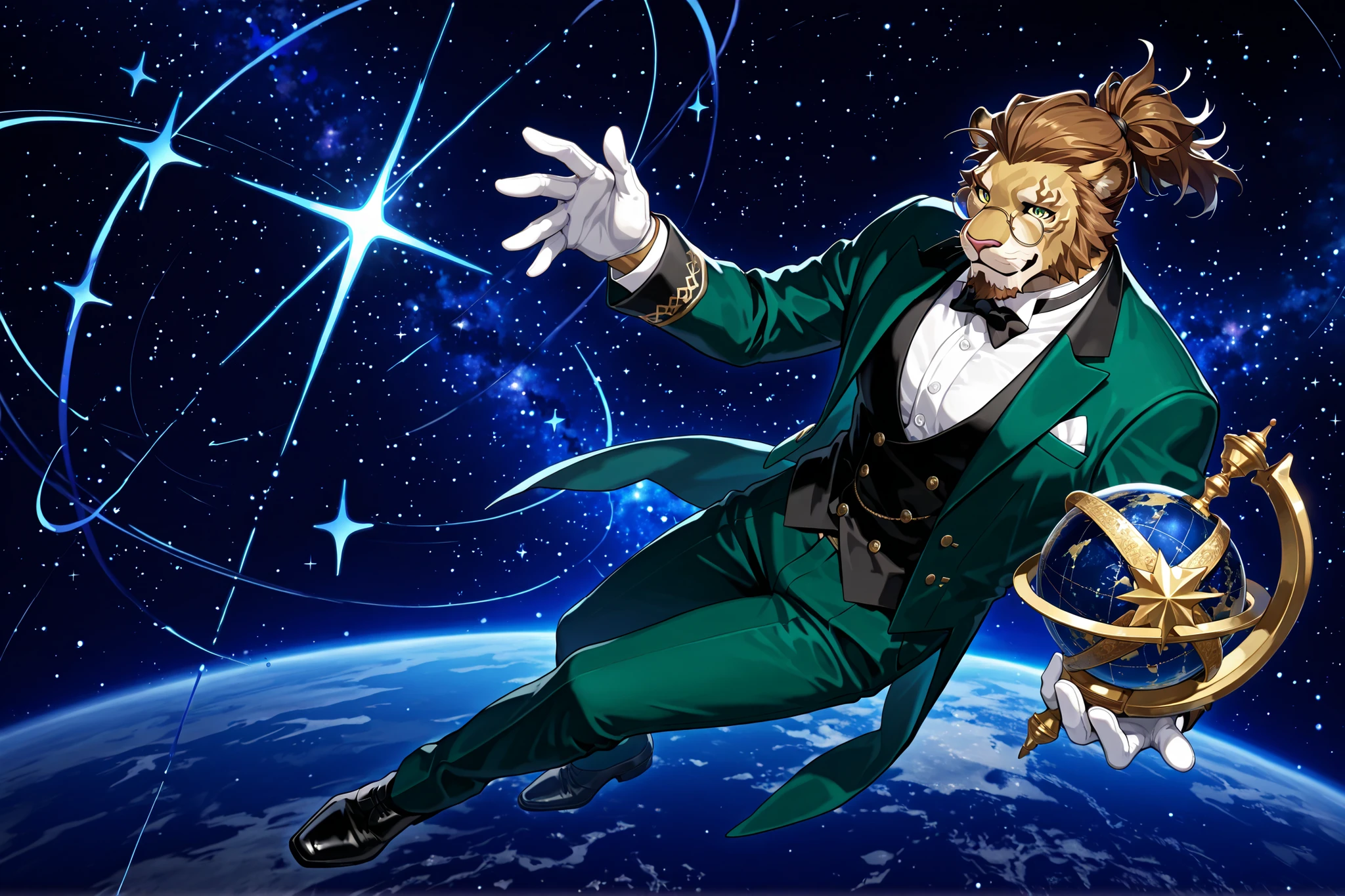 Cornelius, Horthgar, lion head, no markings, no mane, no defects, brown ponytail hairstyle, handsome, distinguished, gentleman, wears tiny perfect round glasses, green butler outfit、white gloves, perfect goatee, casting limit break 3、looking comfortable、More attractive、perfect hands, perfect eyes, focus on face, Detailed Full Body , Majestic , Detailed Full Body 非常に詳細な体, Body Details, sexy、Capture images that look more appealing 、High Quality、top quality、detailed background、 Detailed Full Body 非常に詳細な体, Body Details,handsome, matureした, sexy, floating effortlessly, holding astrologian globe weapon, dazzling galaxies, planets and stars, sparkling outer space stars background, many colors in harmony.