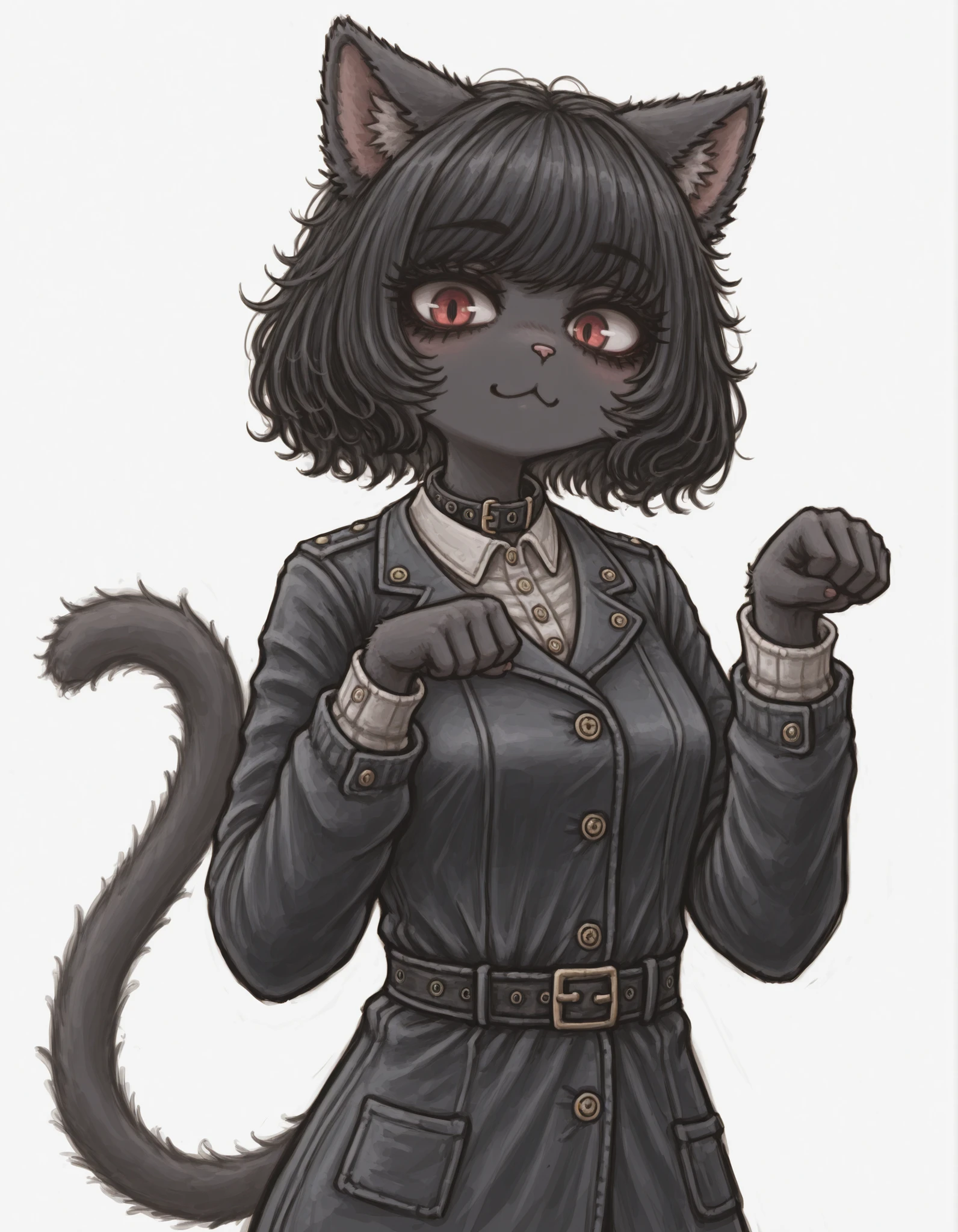MCNS322MGG, faux traditional media,, masterpiece, best quality, very aesthetic, 1girl, solo, white background, looking at viewer, portrait, paw pose, :3, furry female, cat girl, animal ears, black hair, short hair, black skin, red eyes, cat tail, black jacket, buttons, long sleeves, black belt, collar, masterpiece, best quality,