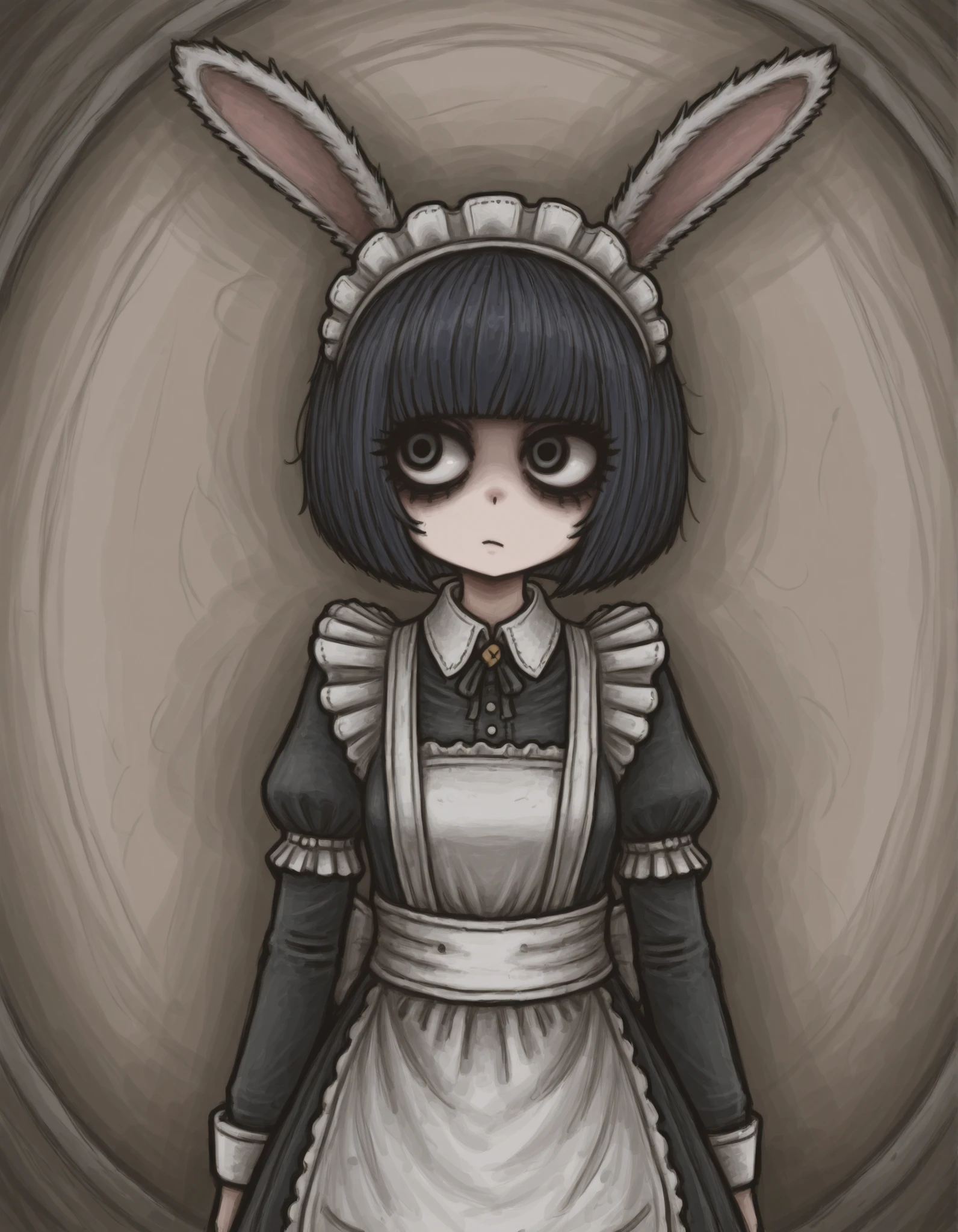 MCNS322MGG, faux traditional media,, one woman、solo, Maya Hell,black eyes,dark hair,bob cut,Maid Outfit、White Apron、White Headdress、 with rabbit ears、cafe