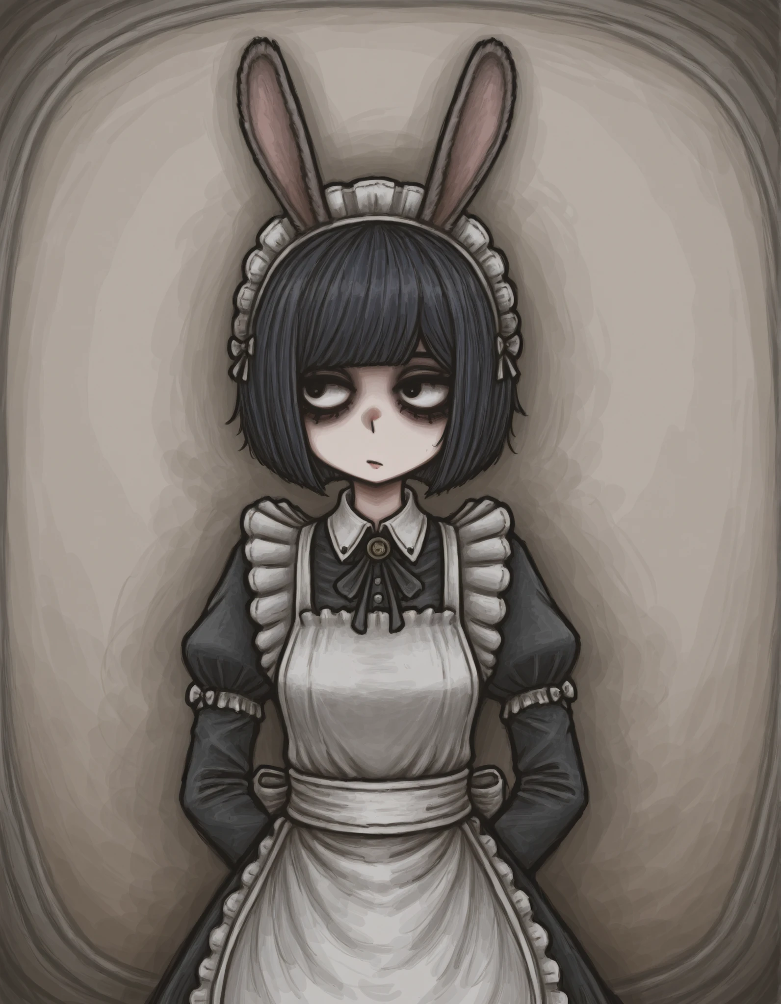 MCNS322MGG, faux traditional media,, one woman、solo, Maya Hell,black eyes,dark hair,bob cut,Maid Outfit、White Apron、White Headdress、 with rabbit ears、cafe