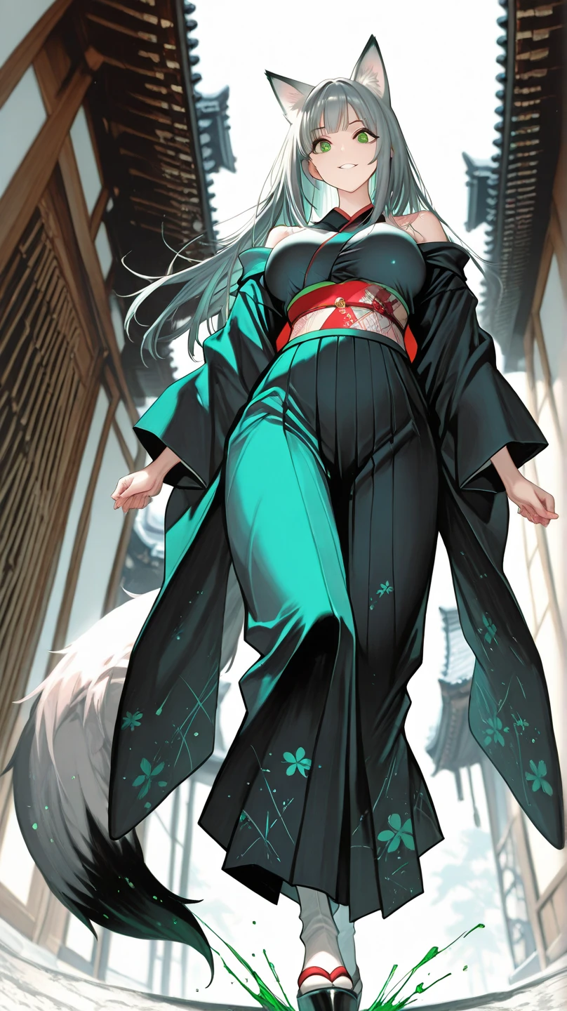 (最高masterpiece・最High Quality・high resolution)1girl, Tilted Head, , STRAIGHT HAIR/fits perfectly,bob hair/// Hair, Red Eye, Kimono, off shoulder, , Subject Focus, Complementary Color, overview, splatter, splash art, Action motion, simple background, masterpiece, High Quality, 最High Quality, high resolution//perfect beauty、Full body portrait of an elegant anime cat woman, Smooth gray hair   , and impressive green eyes  , スタイリッシュな現代風のKimonoに金の刺繍、And the fox's tail seen from behind,fox ears / Graceful, ,  and a gentle smile  , Delicately Decorated Fox Ears, perfect face, Extremely Delicate Face, super clear eye details, Shrug your shoulders//Kimonoを脱ぐ//肌けたKimono/ very exposed /Shrug your shoulders/I took off more than half//Simple Blurry Background, from below, 彼女は32k解像度の現代的なKimonoを着ています, High Quality, masterpiece.big boobs/Disconnect/////panties/floats in the air/pulls his panties aside //vision//  see here//viewers//Beautiful Eyes//