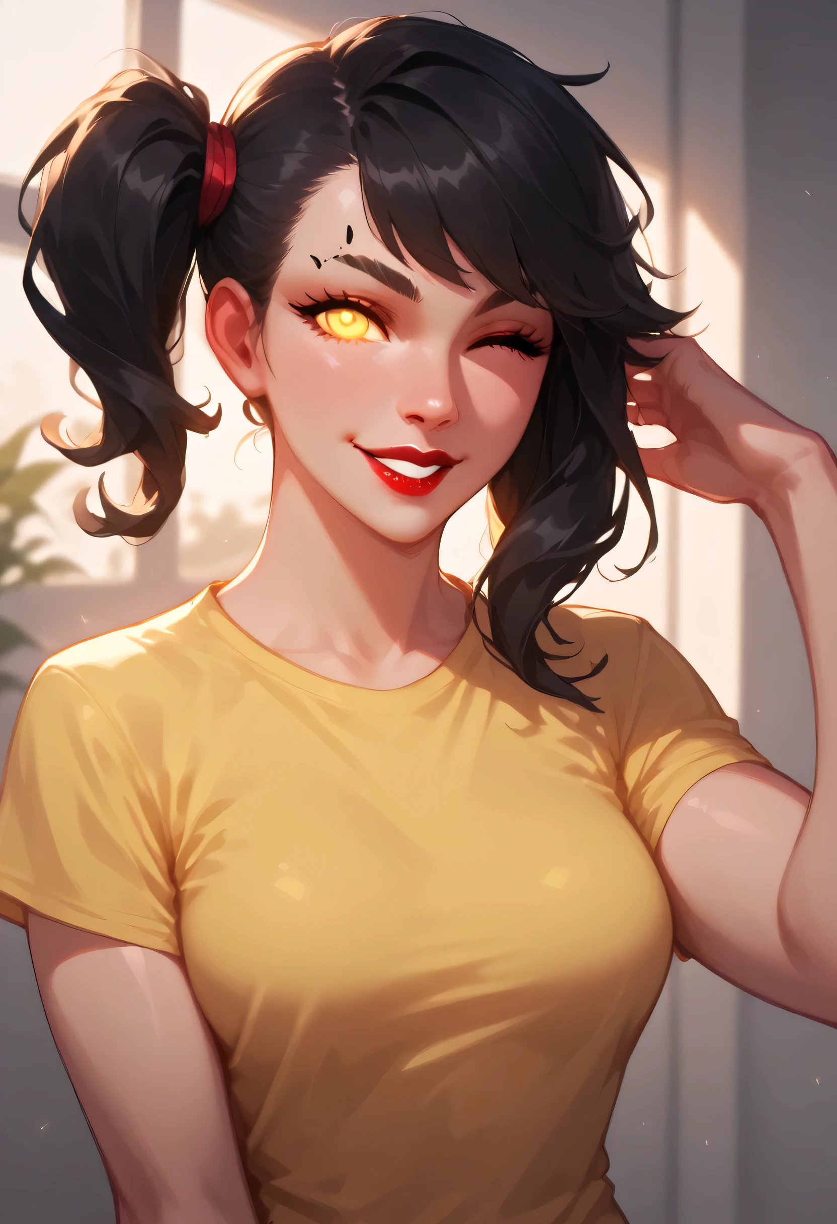 perfect face, glowing golden eyes, (wink), feminine, black hair, (side ponytail), medium hair, black thin eyebrows, nose, lips, red lips, smile, t-shirt, scoop t-shirt, yellow t-shirt, medium breasts, looking at viewer