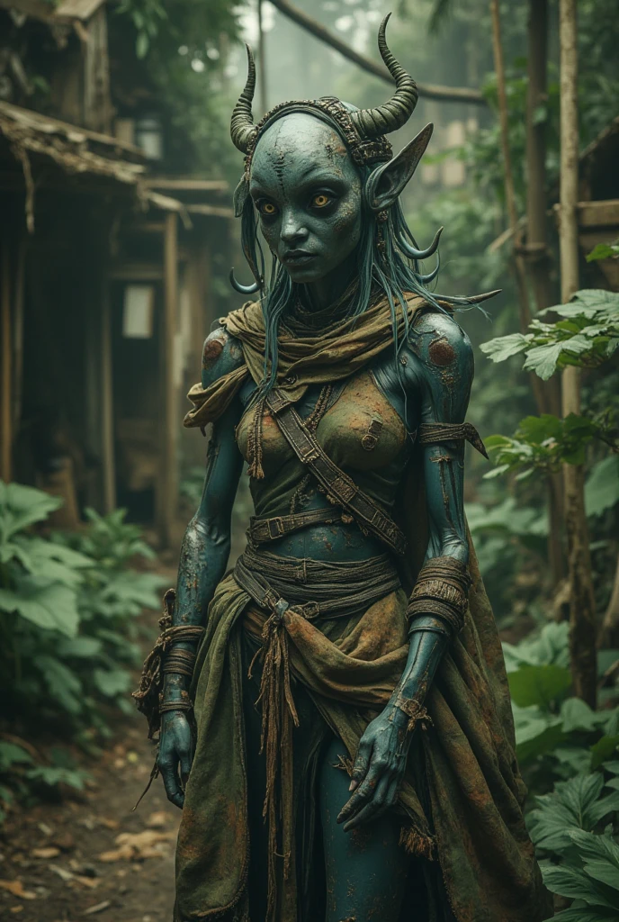 full body length shot,beggar niobium graphite  of Alien Entity,native africa slave,Caribbean with AI in brain,starving,medieval azctec city,Cinematic,soft colors, Technicolor,natural skin textures, hyper realism, hyper detailed,Extremely detailed,High contrast,Masterpiece,Realistic,Ultra Detailed, intricate details,realistic humid leather,extremly intricate,Epic Realistic, cinematic style, irina yermolova,high contrast,hdr,extremely detailed,masterpiece, intricate details, eyes extremely detailed, high detailed eyes,8k resolution,retina, Nikon Z9,Korea,orc,Li River in Guangxi Zhuang of medieval Italia, perfect, Elf，transition between two art styles, Double contact, X-ray, Creative, vivid light, fantasy, Abstract, Surrealism, super detailed, high resolution, trap against fairies between houses in air,insanity wear,Her skin is pale, almost translucent. symbols of gothic elements, further emphasizing its dark air
