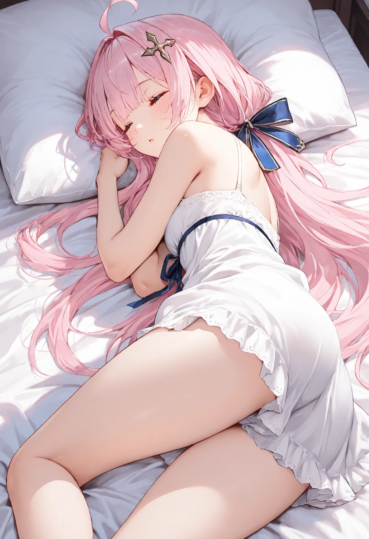 Official fine art，tmasterpiece，Sharp focus，（beautiful lovely Korean people：1.3），Delicate and beautiful hair and eyes and face，realisticlying，ultra - detailed，Two beautiful girls lying on the bed，，Glowing white particles,(side-lighting:1.2)Slender,Cute big breasts，Giant buttocks,Toothy laughter,((Laugh and open your eyes)),Long straight hair, sexy facial expression, Dynamic hair, Delicate platinum-pink hair, glow blue eyes, (nakeness), Long white socks, paleskin, hair adornments,Raise your ass，pantyless