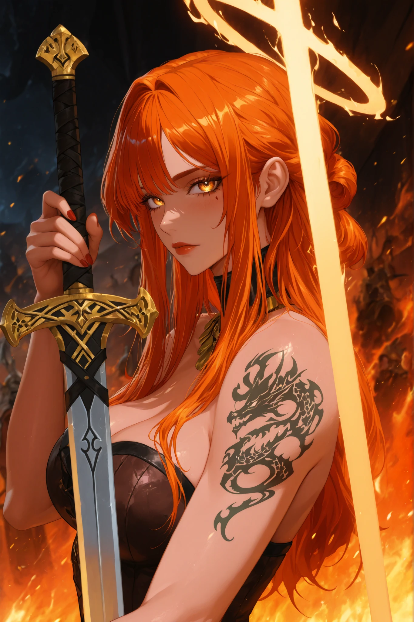((apenas)), (guerreira viking   :1.2), Aquecer, Hand on a sword, Beautiful woman with dragon tattoos all over her body,  red and orange hair, long hair with sheaves, cabelo desgrenhado, sidelocks, levado, halo, olhos azuis, olhos brilhantes,  grandes, armadura viking, aura brilhante, upper body, ao ar livre, Mundo diferente, ridiculous masterpiece, cor fria, alto contraste,  It's extremely absurd
