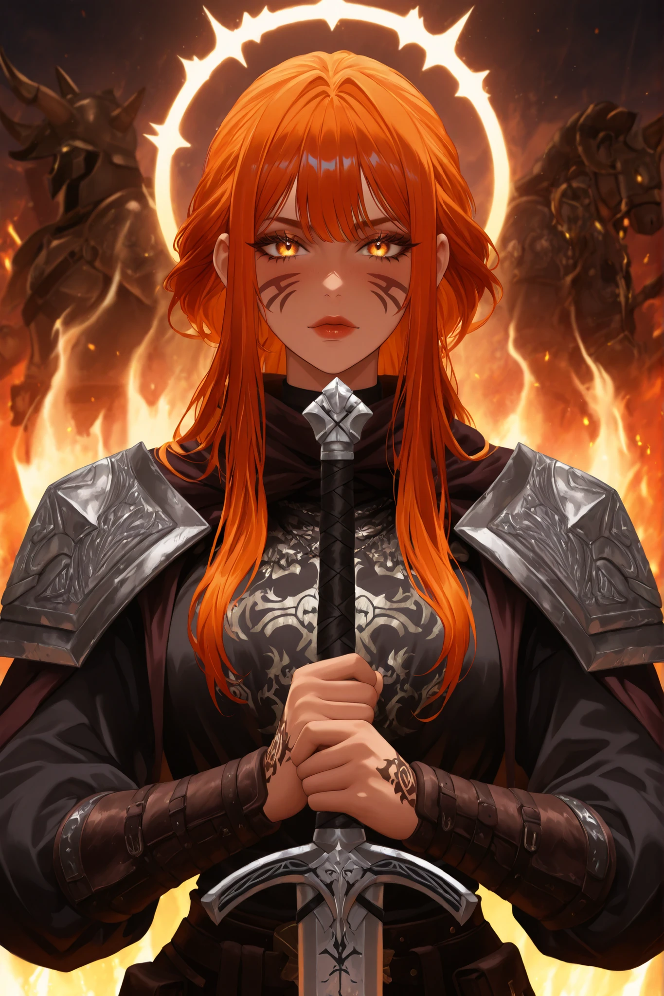 ((apenas)), (guerreira viking   :1.2), Aquecer, Hand on a sword, Beautiful woman with dragon tattoos all over her body,  red and orange hair, long hair with sheaves, cabelo desgrenhado, sidelocks, levado, halo, olhos azuis, olhos brilhantes,  grandes, armadura viking, aura brilhante, upper body, ao ar livre, Mundo diferente, ridiculous masterpiece, cor fria, alto contraste,  It's extremely absurd