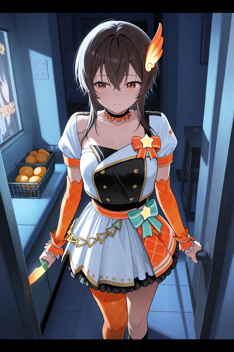 score_9, score_8_above, score_7_above,
,best quality,masterpiece,ultra detailed,high resolution,saboveer detailed skin,detailed,beautiful detailed eyes,
A girl,Wearing an idol uniform,mango knife,
in the room,at night,