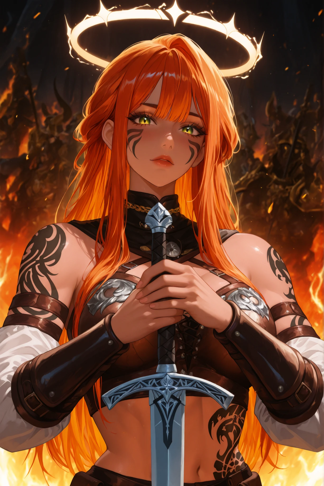((apenas)), (guerreira viking   :1.2), Aquecer, Hand on a sword, Beautiful woman with dragon tattoos all over her body,  red and orange hair, long hair with sheaves, cabelo desgrenhado, sidelocks, levado, halo, olhos azuis, olhos brilhantes,  grandes, armadura viking, aura brilhante, upper body, ao ar livre, Mundo diferente, ridiculous masterpiece, cor fria, alto contraste,  It's extremely absurd