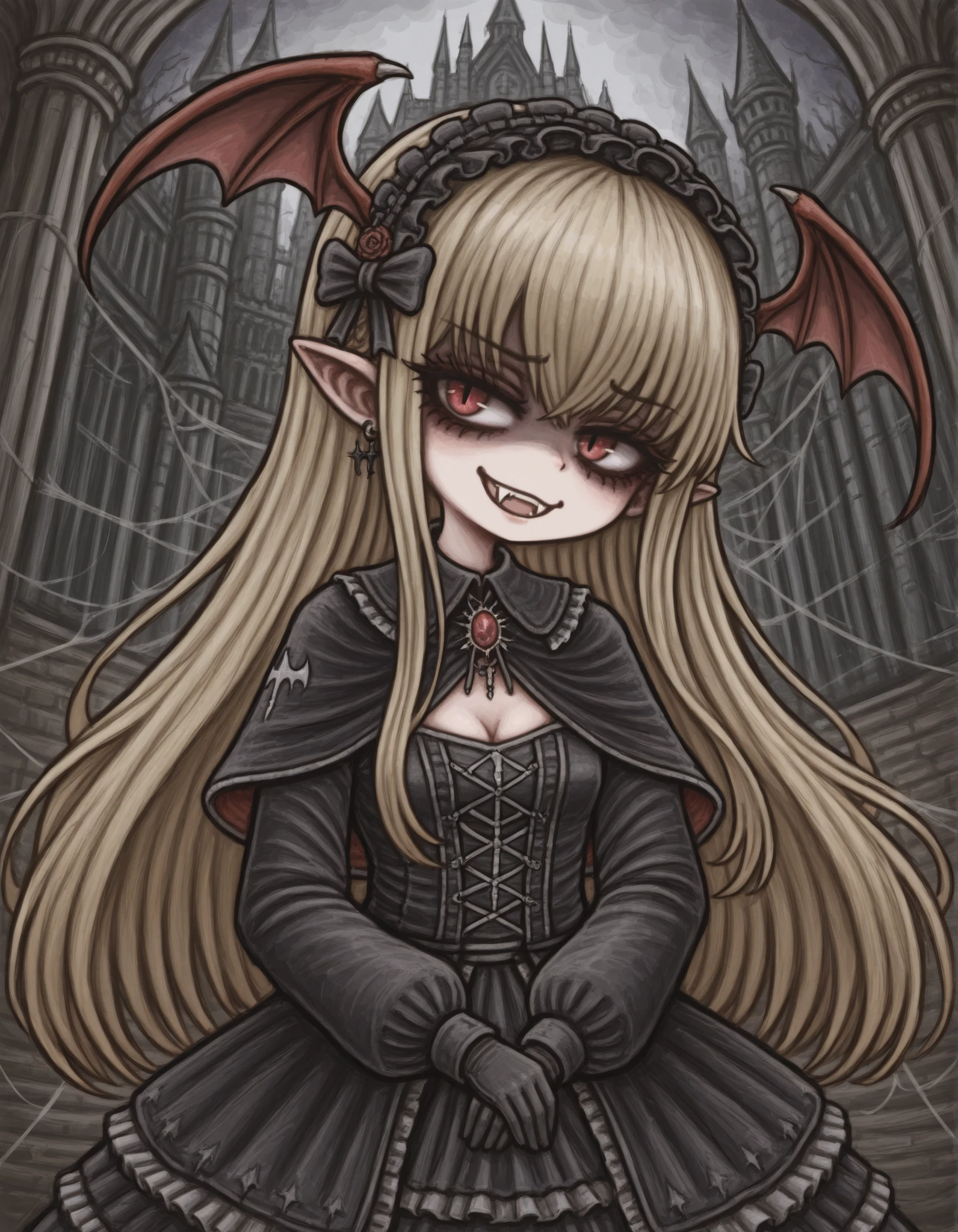MCNS322MGG, faux traditional media,, VaniVampy, vampy, vampire girl, 1girl, solo, very long blonde hair, bangs, red eyes, head wings, pointy ears, fangs, slit pupils, black dress, gothic, long sleeves, frills, frilled dress, puffy long sleeves, hairband, hair bow, black earrings, cleavage cutout, black capelet, silk, fine fabric emphasis, shaded face, smug, mesugaki, head tilt, teeth, black gloves, gothic architecture, BREAK A young vampire girl in a gothic castle,