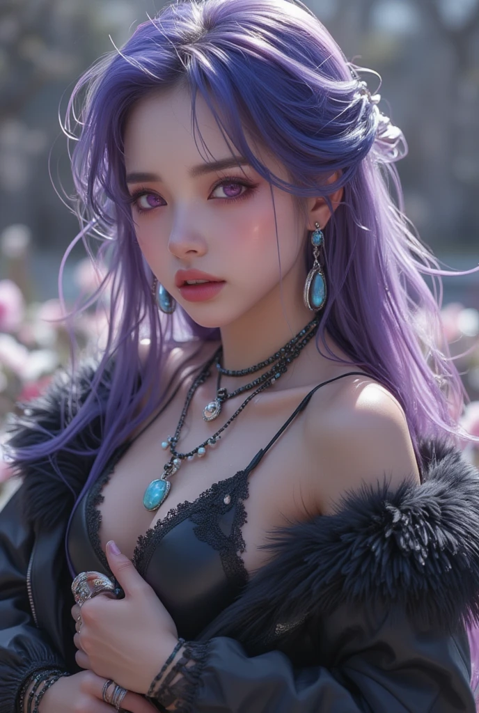 middle-length bright purple-colored hair, beautiful white-colored translucent skin, slendar figure, slightly short-tall, small mouth, closing mouth a little, shaped nose, smooth shaped jawline, slightly slanted eyes expression, glossy face, realistic figure, heavy makeup like an Anime character, wearing vivid cosplay-costume like an Anime character, wearing something like a tiara, just a little bit opened at the chest, less exposed skin, posing looks likes Anime character, close-up shoot, angle looking down from above