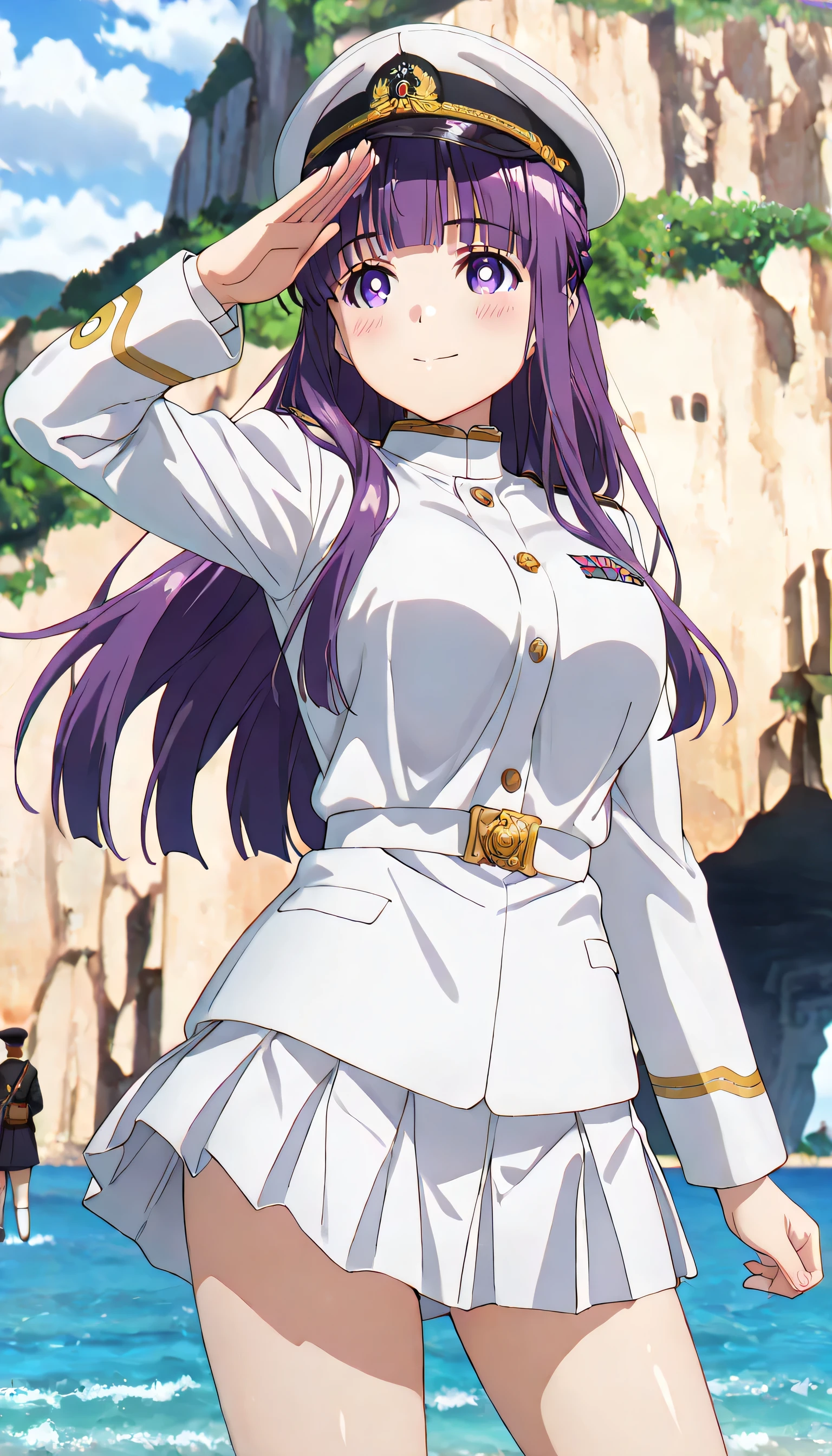 ((ultra-detailed)), (highly detailed CG illustration), (best quality:1.2), ultra-highly detailed, colorful composition, artistic photoshoot, 1girl, solo focus, cowboy shot, moe anime character, round face, rounded chin:1.2, short stature, fern, long hair, bangs, purple eyes, purple hair, sidelocks, blunt bangs, bright pupils, half updo, large breasts, anime screencap, hair is swaying in the wind, Imperial Japanese Navy military white uniform during World War II, white military uniform, Uniform with a white tight collar:1.3, White sleeves:1.3, white captain hat with gold decoration during World War II, pleated skirt with white, salute with right hand, left arm at side, gentle smile, blush:1.3, ample breasts, dynamic pose, contrapposto pose, from front, expecting, pink cheek, blush, palepink lips, beautiful detailed sky, contrapposto pose, standing in the military port:1.3, ocean and sky background, battleship background, breeze, shining sunlight shines, best quality, masterpiece, portrait, depth of field, soft lighting, backlight, shine, lighting, caustics, ray tracing, perfect face, lustrous skin, highly detailed face, highly detailed eyes, perfect face, perfect nose, perfect hair, perfect eyes, perfect anatomy, beautiful hair, beautiful small face, extremely detailed face, beautiful detailed eyes, beautiful clavicle, beautiful body, beautiful ample breasts, leavage, breasts squeezed together, equalize the size of the left and right breasts, beautiful thin thighs, beautiful legs, beautiful fingers, 4 fingers, 1 thumb, lovely, (very detailed background:1.0), (highly detailed background:1.0), spring aesthetic, intricate details, tight atmosphere, spring colors palette, chromatic aberration