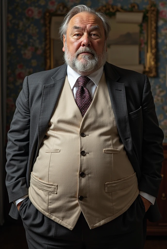 A somewhat fat man with white hair and a white mustache, with white shirt with black stripes middle aged
