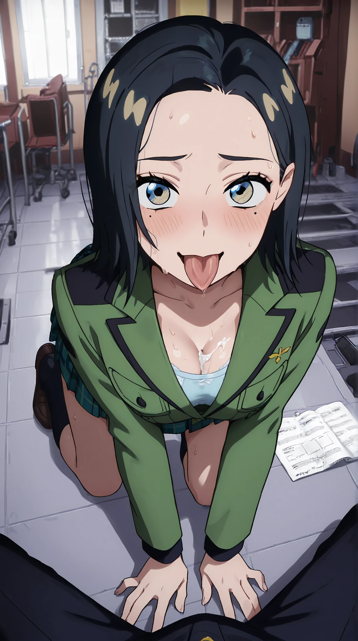 GQuX-amate_Comoli_Harcourt, brown and blue eyes, black short hair, mole under eye,
medium cleavage, tartan check, music room, angle from above, uniform, light blue underwear, sweat, thin, mouth wide open, tongue out, smile, shy, torogao, crawling on all fours, A large amount of white yogurt on the chest and tongue,