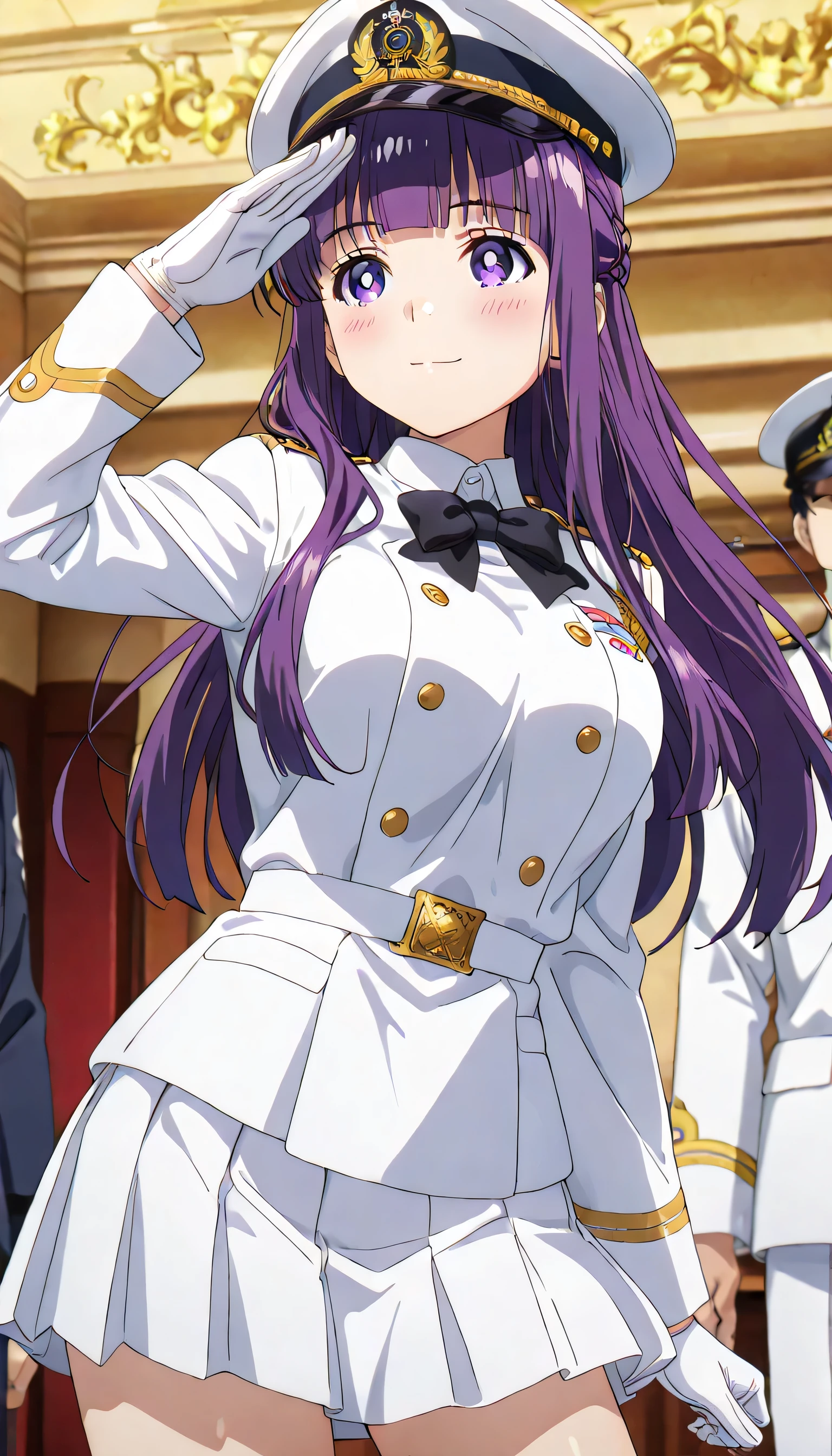 ((ultra-detailed)), (highly detailed CG illustration), (best quality:1.2), ultra-highly detailed, colorful composition, artistic photoshoot, 1girl, solo focus, cowboy shot, moe anime character, round face, rounded chin:1.2, short stature, fern, long hair, bangs, purple eyes, purple hair, sidelocks, blunt bangs, bright pupils, half updo, large breasts, anime screencap, hair is swaying in the wind, Japan Maritime Self-Defense Force military white Formal uniform, double‐breasted military uniform with white:1.3, white captain hat with gold decoration:1.3, white shirt:1.3, Black bow tie:1.3, white aiguillette:1.3, pleated skirt with black:1.4, White gloves, salute with right hand, left arm at side, gentle smile, blush:1.3, ample breasts, dynamic pose, contrapposto pose, from front, expecting, pink cheek, blush, palepink lips, beautiful detailed sky, contrapposto pose, standing in the military port:1.3, ocean and sky background, battleship background, breeze, shining sunlight shines, best quality, masterpiece, portrait, depth of field, soft lighting, backlight, shine, lighting, caustics, ray tracing, perfect face, lustrous skin, highly detailed face, highly detailed eyes, perfect face, perfect nose, perfect hair, perfect eyes, perfect anatomy, beautiful hair, beautiful small face, extremely detailed face, beautiful detailed eyes, beautiful clavicle, beautiful body, beautiful ample breasts, leavage, breasts squeezed together, equalize the size of the left and right breasts, beautiful thin thighs, beautiful legs, beautiful fingers, 4 fingers, 1 thumb, lovely, (very detailed background:1.0), (highly detailed background:1.0), spring aesthetic, intricate details, tight atmosphere, spring colors palette, chromatic aberration