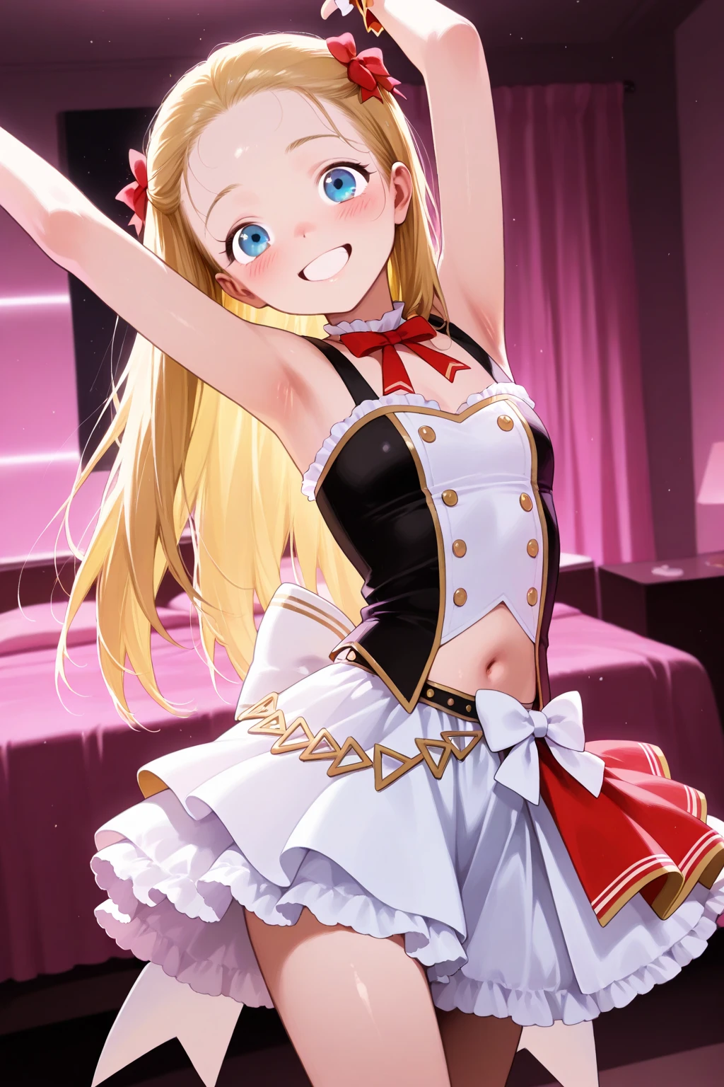 nsfw,1girl,Sasha,h4guh4gu,happy,smiling,dancing , petite,blond, blue eyes, center part, long hair,10-year-old,idol uniform, in the bedroom, 