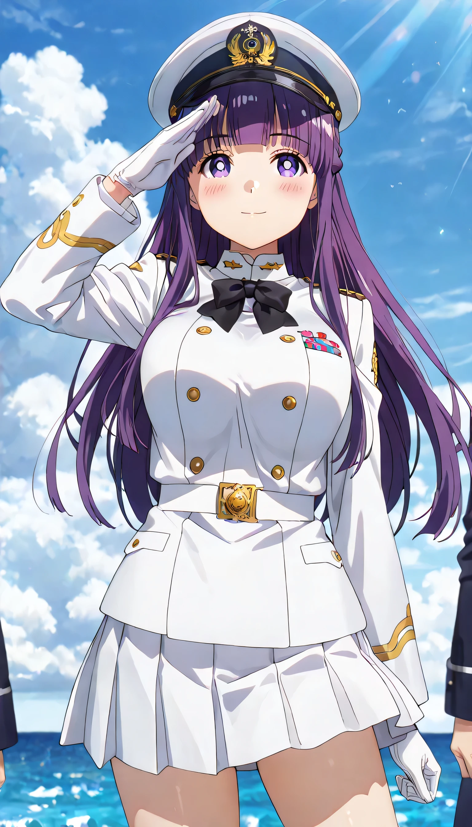 ((ultra-detailed)), (highly detailed CG illustration), (best quality:1.2), ultra-highly detailed, colorful composition, artistic photoshoot, 1girl, solo focus, cowboy shot, moe anime character, round face, rounded chin:1.2, short stature, fern, long hair, bangs, purple eyes, purple hair, sidelocks, blunt bangs, bright pupils, half updo, large breasts, anime screencap, hair is swaying in the wind, Japan Maritime Self-Defense Force military white Formal uniform, double‐breasted military uniform with white:1.3, white captain hat with gold decoration:1.3, white shirt:1.3, Black bow tie:1.3, white aiguillette:1.3, pleated skirt with black:1.4, White gloves, salute with right hand, left arm at side, gentle smile, blush:1.3, ample breasts, dynamic pose, contrapposto pose, from front, expecting, pink cheek, blush, palepink lips, beautiful detailed sky, contrapposto pose, standing in the military port:1.3, ocean and sky background, battleship background, breeze, shining sunlight shines, best quality, masterpiece, portrait, depth of field, soft lighting, backlight, shine, lighting, caustics, ray tracing, perfect face, lustrous skin, highly detailed face, highly detailed eyes, perfect face, perfect nose, perfect hair, perfect eyes, perfect anatomy, beautiful hair, beautiful small face, extremely detailed face, beautiful detailed eyes, beautiful clavicle, beautiful body, beautiful ample breasts, leavage, breasts squeezed together, equalize the size of the left and right breasts, beautiful thin thighs, beautiful legs, beautiful fingers, 4 fingers, 1 thumb, lovely, (very detailed background:1.0), (highly detailed background:1.0), spring aesthetic, intricate details, tight atmosphere, spring colors palette, chromatic aberration