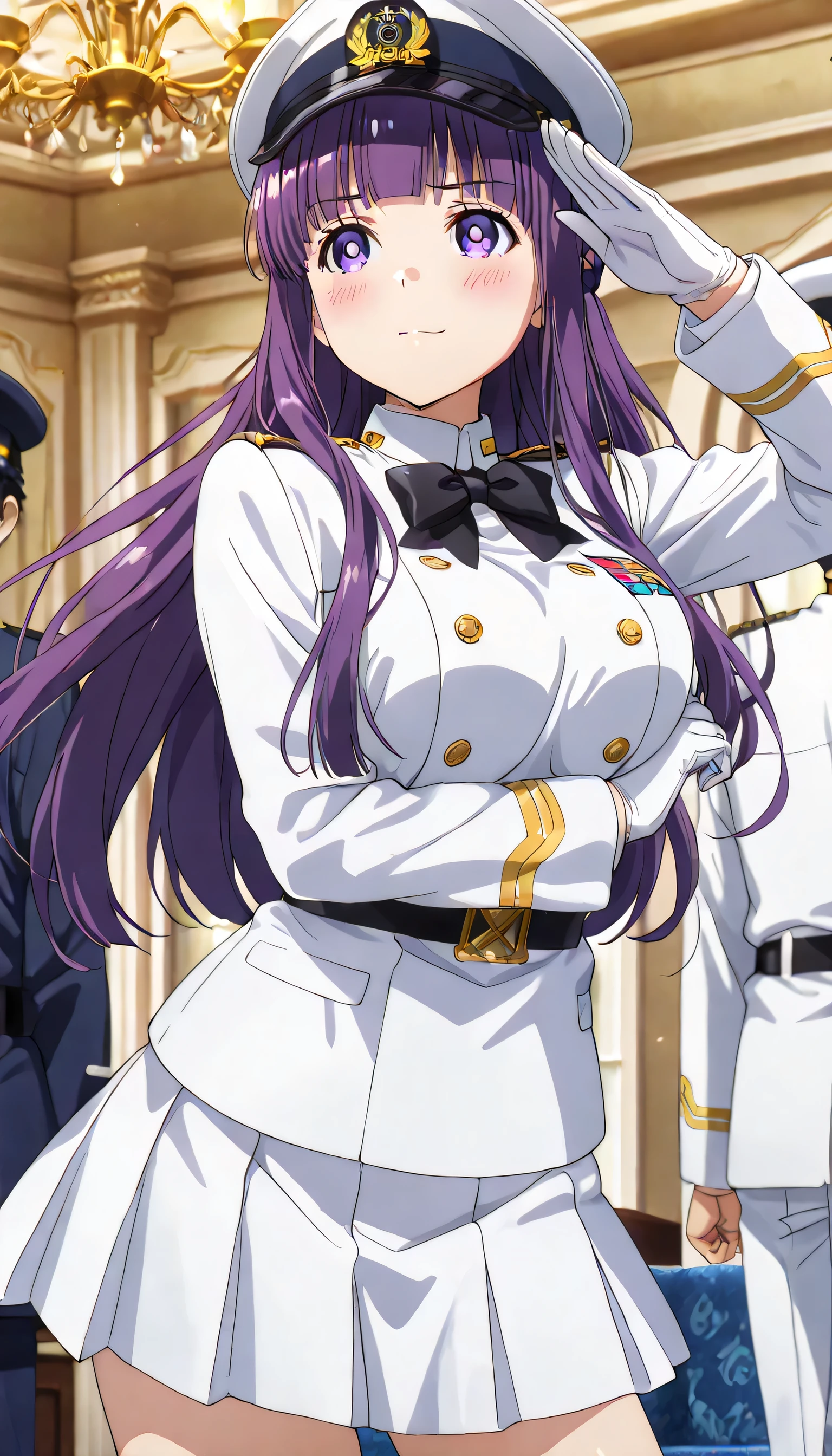 ((ultra-detailed)), (highly detailed CG illustration), (best quality:1.2), ultra-highly detailed, colorful composition, artistic photoshoot, 1girl, solo focus, cowboy shot, moe anime character, round face, rounded chin:1.2, short stature, fern, long hair, bangs, purple eyes, purple hair, sidelocks, blunt bangs, bright pupils, half updo, large breasts, anime screencap, hair is swaying in the wind, Japan Maritime Self-Defense Force military white Formal uniform, double‐breasted military uniform with white:1.3, white captain hat with gold decoration:1.3, white shirt:1.3, Black bow tie:1.3, white aiguillette:1.3, pleated skirt with black:1.4, White gloves, salute with right hand, left arm at side, gentle smile, blush:1.3, ample breasts, dynamic pose, contrapposto pose, from front, expecting, pink cheek, blush, palepink lips, beautiful detailed sky, contrapposto pose, standing in the military port:1.3, ocean and sky background, battleship background, breeze, shining sunlight shines, best quality, masterpiece, portrait, depth of field, soft lighting, backlight, shine, lighting, caustics, ray tracing, perfect face, lustrous skin, highly detailed face, highly detailed eyes, perfect face, perfect nose, perfect hair, perfect eyes, perfect anatomy, beautiful hair, beautiful small face, extremely detailed face, beautiful detailed eyes, beautiful clavicle, beautiful body, beautiful ample breasts, leavage, breasts squeezed together, equalize the size of the left and right breasts, beautiful thin thighs, beautiful legs, beautiful fingers, 4 fingers, 1 thumb, lovely, (very detailed background:1.0), (highly detailed background:1.0), spring aesthetic, intricate details, tight atmosphere, spring colors palette, chromatic aberration