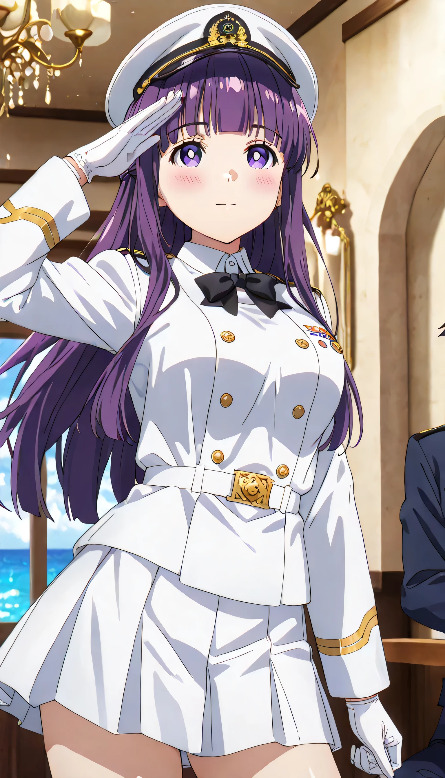 ((ultra-detailed)), (highly detailed CG illustration), (best quality:1.2), ultra-highly detailed, colorful composition, artistic photoshoot, 1girl, solo focus, cowboy shot, moe anime character, round face, rounded chin:1.2, short stature, fern, long hair, bangs, purple eyes, purple hair, sidelocks, blunt bangs, bright pupils, half updo, large breasts, anime screencap, hair is swaying in the wind, Japan Maritime Self-Defense Force military white Formal uniform, double‐breasted military uniform with white:1.3, white captain hat with gold decoration:1.3, white shirt:1.3, Black bow tie:1.3, white aiguillette:1.3, pleated skirt with black:1.4, White gloves, salute with right hand, left arm at side, gentle smile, blush:1.3, ample breasts, dynamic pose, contrapposto pose, from front, expecting, pink cheek, blush, palepink lips, beautiful detailed sky, contrapposto pose, standing in the military port:1.3, ocean and sky background, battleship background, breeze, shining sunlight shines, best quality, masterpiece, portrait, depth of field, soft lighting, backlight, shine, lighting, caustics, ray tracing, perfect face, lustrous skin, highly detailed face, highly detailed eyes, perfect face, perfect nose, perfect hair, perfect eyes, perfect anatomy, beautiful hair, beautiful small face, extremely detailed face, beautiful detailed eyes, beautiful clavicle, beautiful body, beautiful ample breasts, leavage, breasts squeezed together, equalize the size of the left and right breasts, beautiful thin thighs, beautiful legs, beautiful fingers, 4 fingers, 1 thumb, lovely, (very detailed background:1.0), (highly detailed background:1.0), spring aesthetic, intricate details, tight atmosphere, spring colors palette, chromatic aberration