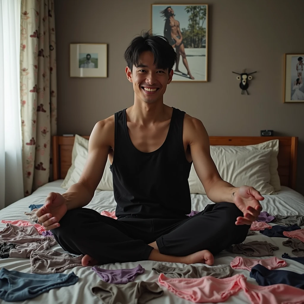 (Highest quality:1.5), (Ultra high quality:1.5), (8k:1.5), (1guy), (Smug face), (Handsome), (Tall), (Sitting cross-legged on bed), (Showing off idol's photo and panties in hands:1.1), (a lot of Various idol's photos and a lot of panties of various colors scattered on bed:1.1), (Moody bedroom), (Tall handsome guy sitting with crossing legs on the bed and having idol's photo and panties in hands to show off:1.2), (guy wears black tanktop and black pants)