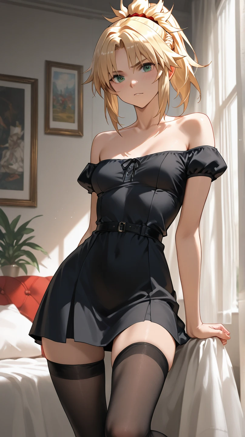 masterpiece, best quality, 1girl, short hair, blonde hair, blue eyes, red hat, black T-shirt, black thighhighs, red dress, room, sexy