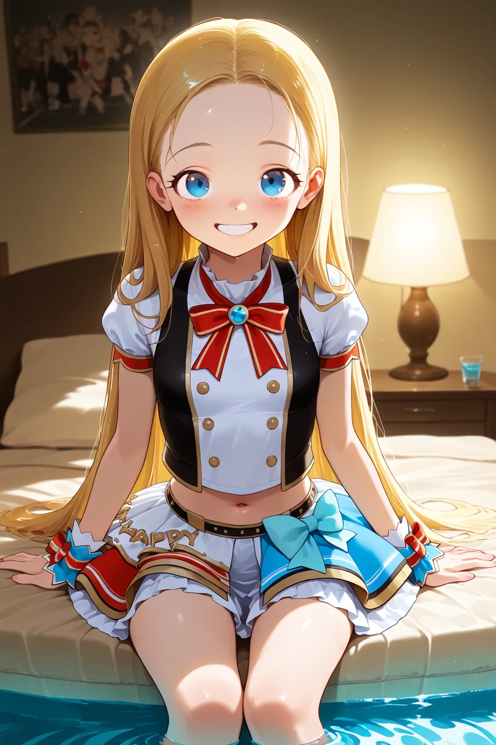 nsfw,1girl,Sasha,h4guh4gu,happy,cheerful grin, sitting, petite,blond, blue eyes, center part, long hair,10-year-old,idol uniform, with a water, in the bedroom, some characters standing around,Aaron