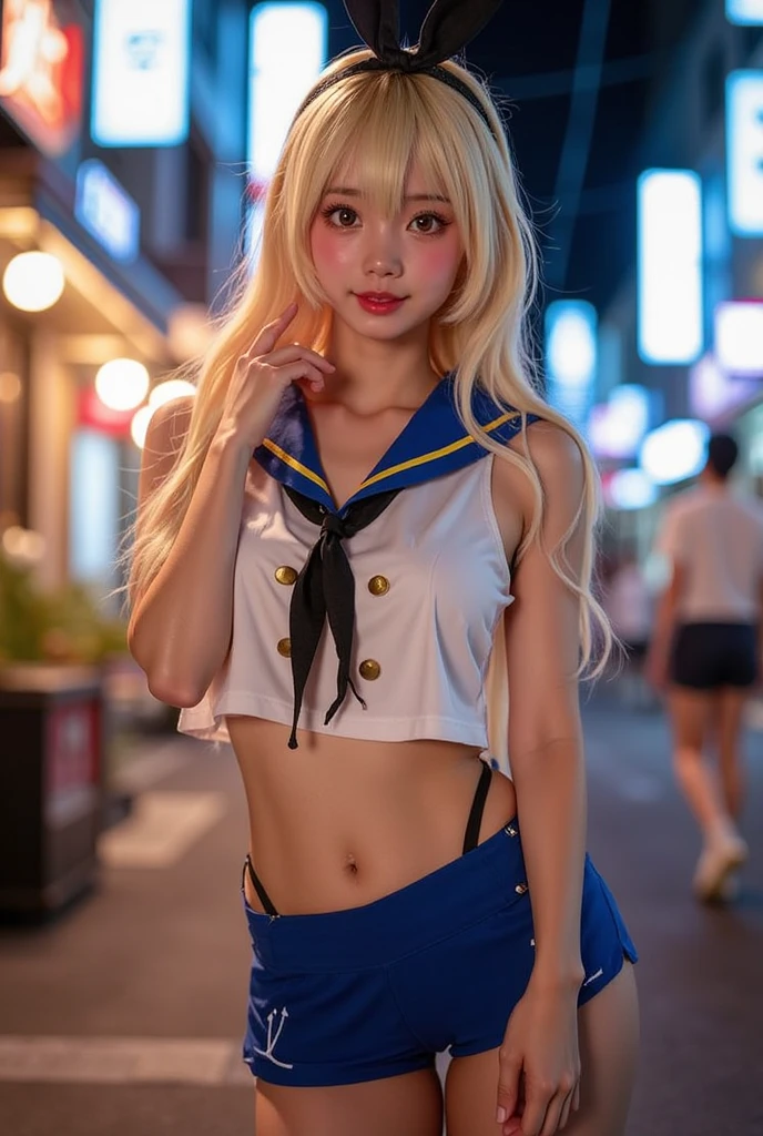 blonde gray hair, straight hair, spread hair, long hair, eyes shine, long eyelashes, blue eyes, compensate, smile, color field paint, modern art, northern renaissance, blurry, blend, from below, From the side, panorama, ultra wide angle, wide angle, f/1.8, 135mm, canon, nffsw, retina, table top, elaborate, anatomically correct, skin texture, Super detailed, high detail, high quality, High resolution, 1080p, hard disk, 4k, 8k, 最high qualityの,  sexy pose (Neon lights of skyscrapers twinkle in the background),(black lace panties)(最high quality)、 (masterpiece)、(Professional lighting with fewer shadows)、 (surreal)、 (perfect anatomy)、 (in front of the camera、there are two women、Daughter showing breasts and daughter showing ass、Bangs and forehead、and a mole under the eye), ( huge breasts:1.3), (bright, flat, White skin without wrinkles or unevenness:1.5), (Beautiful blue eyes with long eyelashes and red tear bags:1.5)、 (Even though I&#39;m naked, Only the sailor collar can be worn as a small piece of cloth.:1.5), (two people surrounded by flowers, in front of the camera誇らしげに胸を突き出す:1.2), (another person on the other side、I arched my back and turned away..、Show off your big ass:1.3), (One hand behind the head, 美しい顔とは眉を下げた美しいsmileです),((wet translucent underwear)),(())、