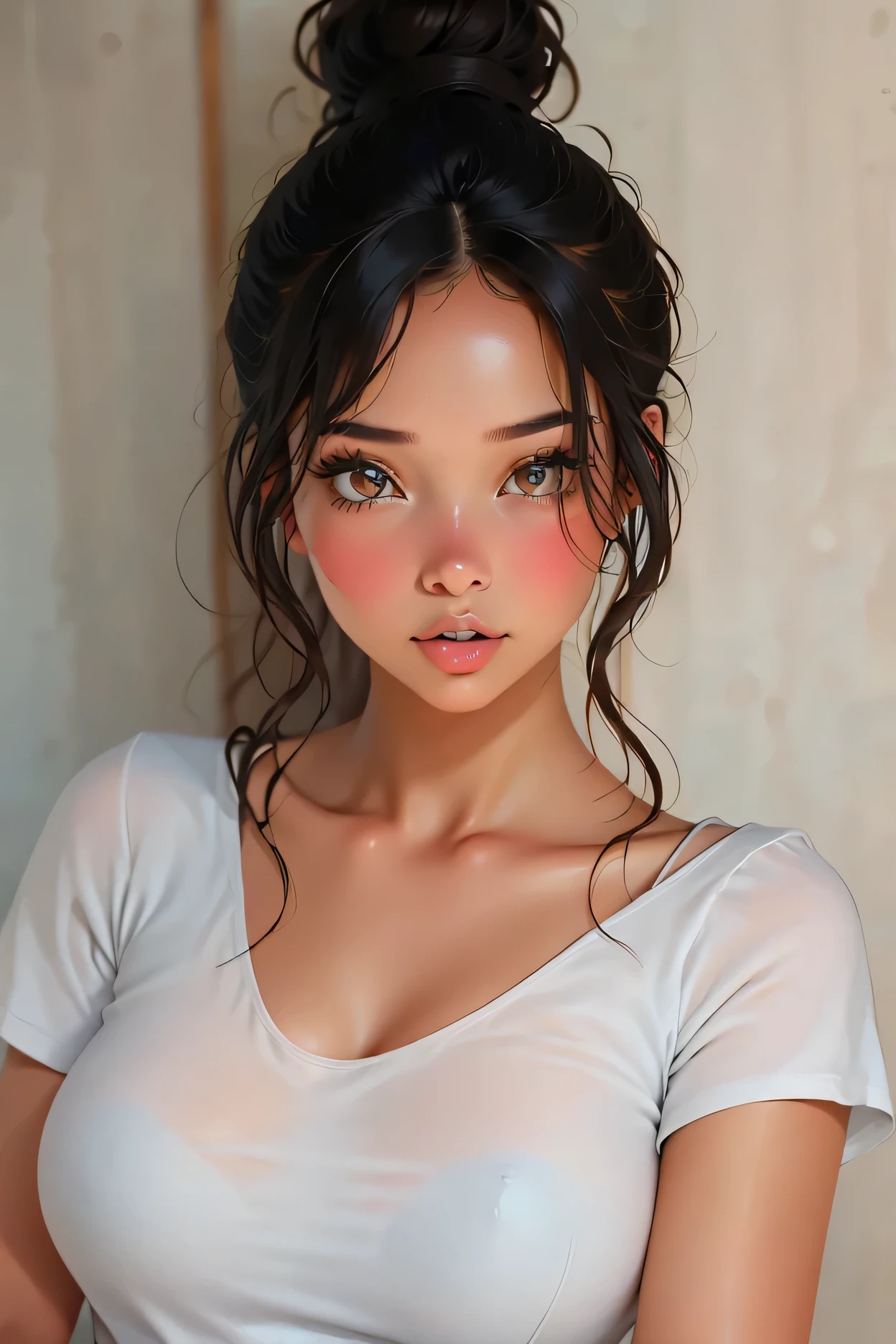 (colored skin, brown skin), perfect face, bun top knot hair, black hair, black natural eyebrows, brown eyes, black eyeliners, blush, thick lips, beautiful woman, white t-shirt, medium breasts