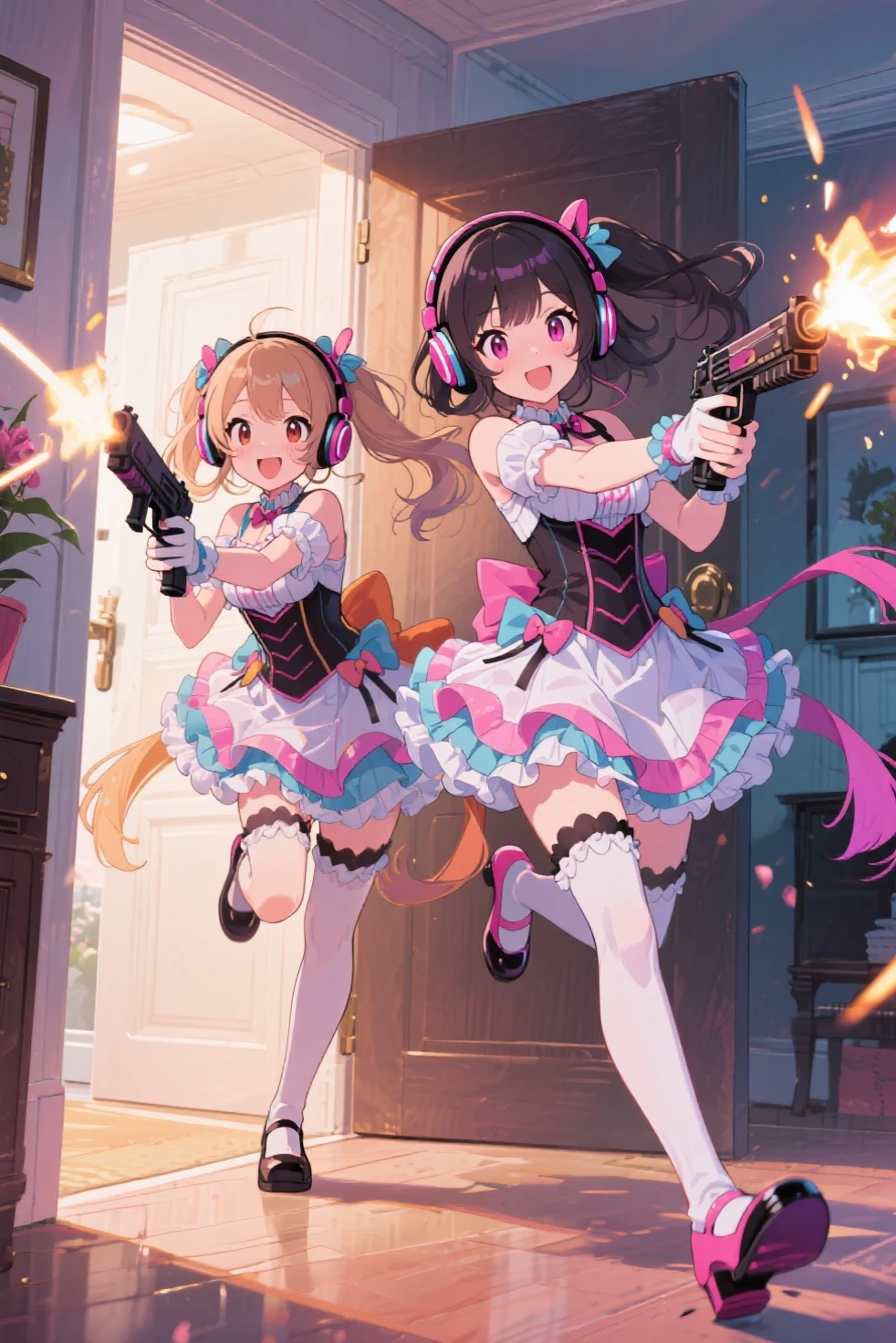 ((multiple girls:1.3)), ((moe style:1.3)), ((magical girls:1.3)), ((rocket launcher:1.3)), ((hell:1.3)), ((large breasts:1.3)), ((centerfold:1.3)), ((extremely feminine:1.3)), perfect hands, ((perfect face)), ((extremely cute:1.3)), ((masterpiece)), ((8k)), ((best quality)), ((beautiful)), ((extremely detailed:1.3)) , ((absurdres)), AddXL, ((score_9:1.3)), ((score_8_up:1.3)), ((score_7_up:1.3)),