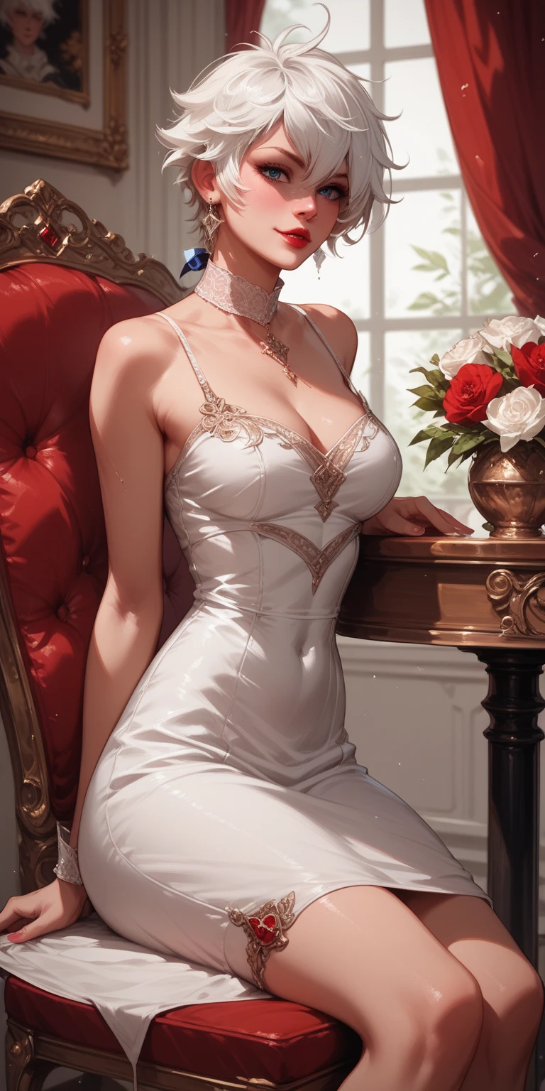 Theme color is red, The best image quality, tall and very thin girl, long legs, elegant, White skin, she doesn't have breasts, slightly blushing, ears shaped like bat wings, gold hair clips, Short purple hair that reaches her shoulders, the character wears a tight latex suit, legs with white socks, ballerina slippers, The shoes are mainly red, the surface of the shoe is decorated with a small gold inverted star, the figure has a thin demon tail, the tail is black and red, standing, hands in jacket pocket, squinting slightly, the pupils are bright red, diamond-shaped pupils ♢, smiling, the expression is provocative, The background is a garden at night with night lights, bat wings on his back, He does not have a jacket or jacket