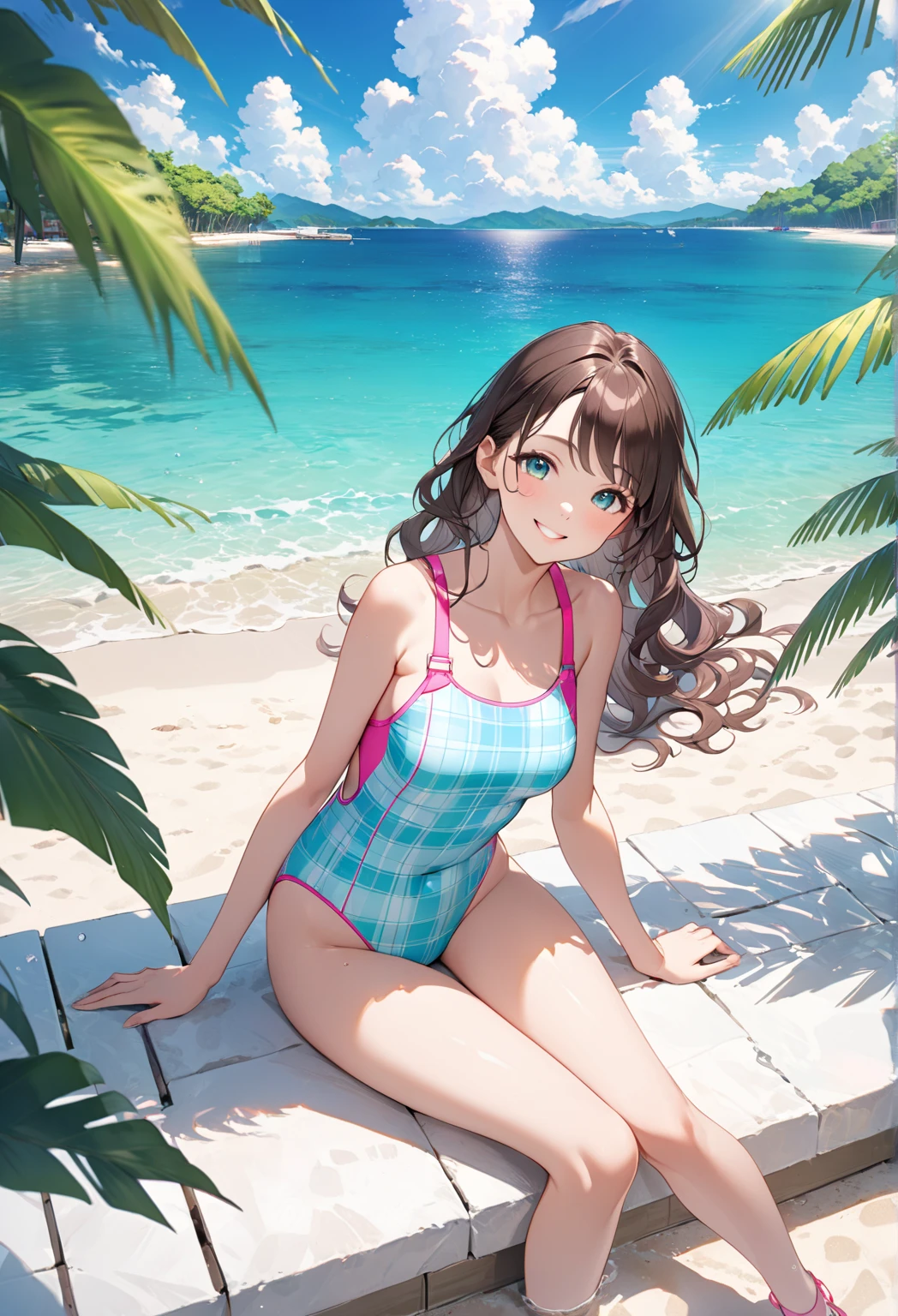 masterpiece, best quality, highres, HD, _kinako_, 1girl, hair ribbon, long brown hair, green eyes, smile, collarbone, nose blush, one-piece swimsuit, waist cut-out, high-leg, standing, bare arms, outdoors, beach, clouds, sky, sunny day, looking at viewer