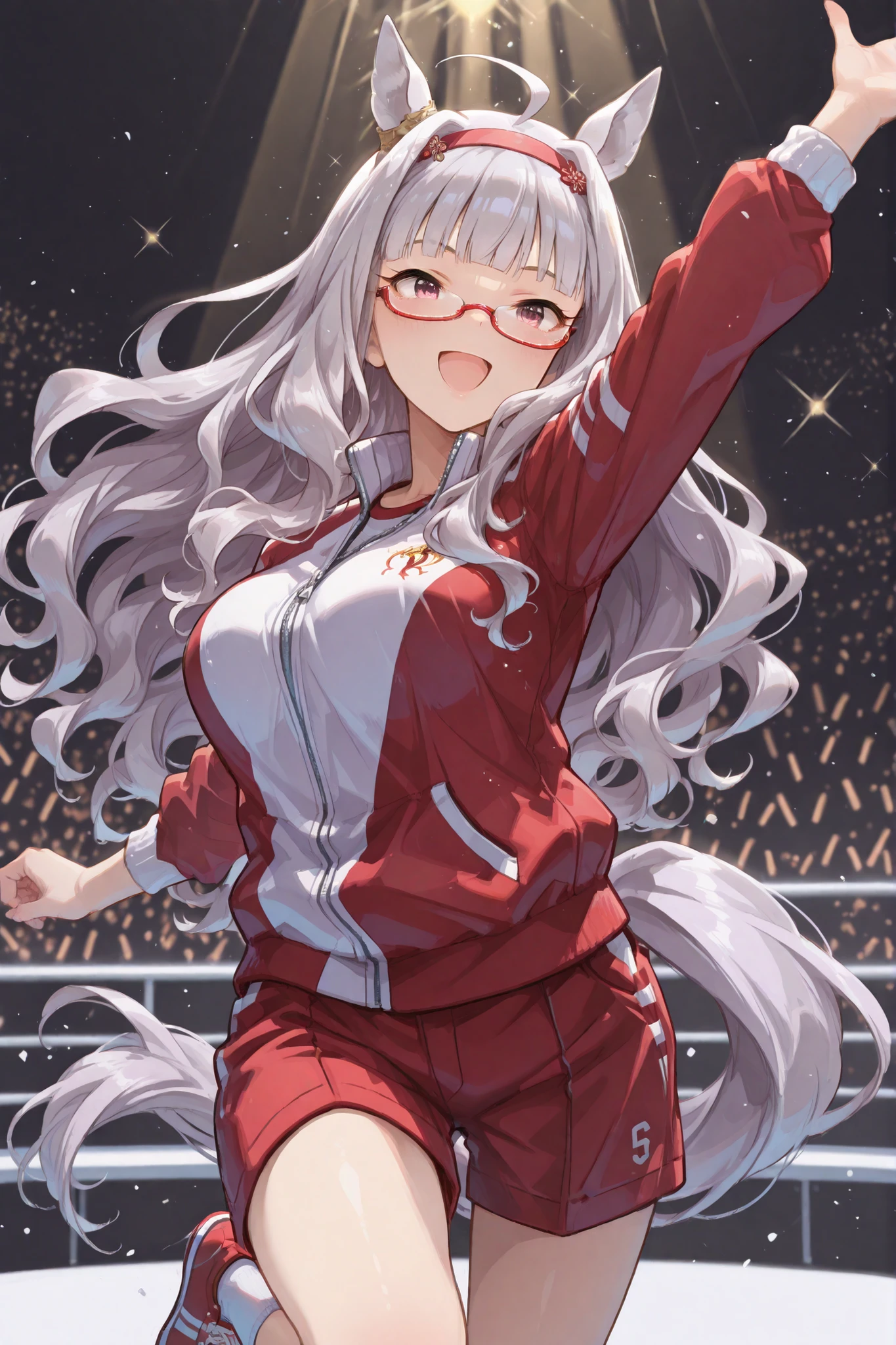 biwa hayahide\(umamusume\) horse tail, ahoge, hair ornament, wavy hair, white hair, yellow eyes, glasses, semi-rimless eyewear, animal ears, ear ornament, large breasts red shorts, long sleeves, red track jacket, red sneakers, white ankle socks,,tknshj, medium breasts, blunt bangs, hair intakes, hairband, long hair, grey hair, purple eyes,yabuki,shijou takane(idolmaster), biwa hayahide\(umamusume\) Biwa Hayahide from Uma Musume and Shijo Takane from Idolmaster, both wearing their respective game's stage/racing outfits, singing joyfully with big smiles on a simple stage. They are in an energetic, celebratory, 'Umapyoi-like' pose, with a focus on their expressions and interaction. Simple background, bright lighting. 2girls