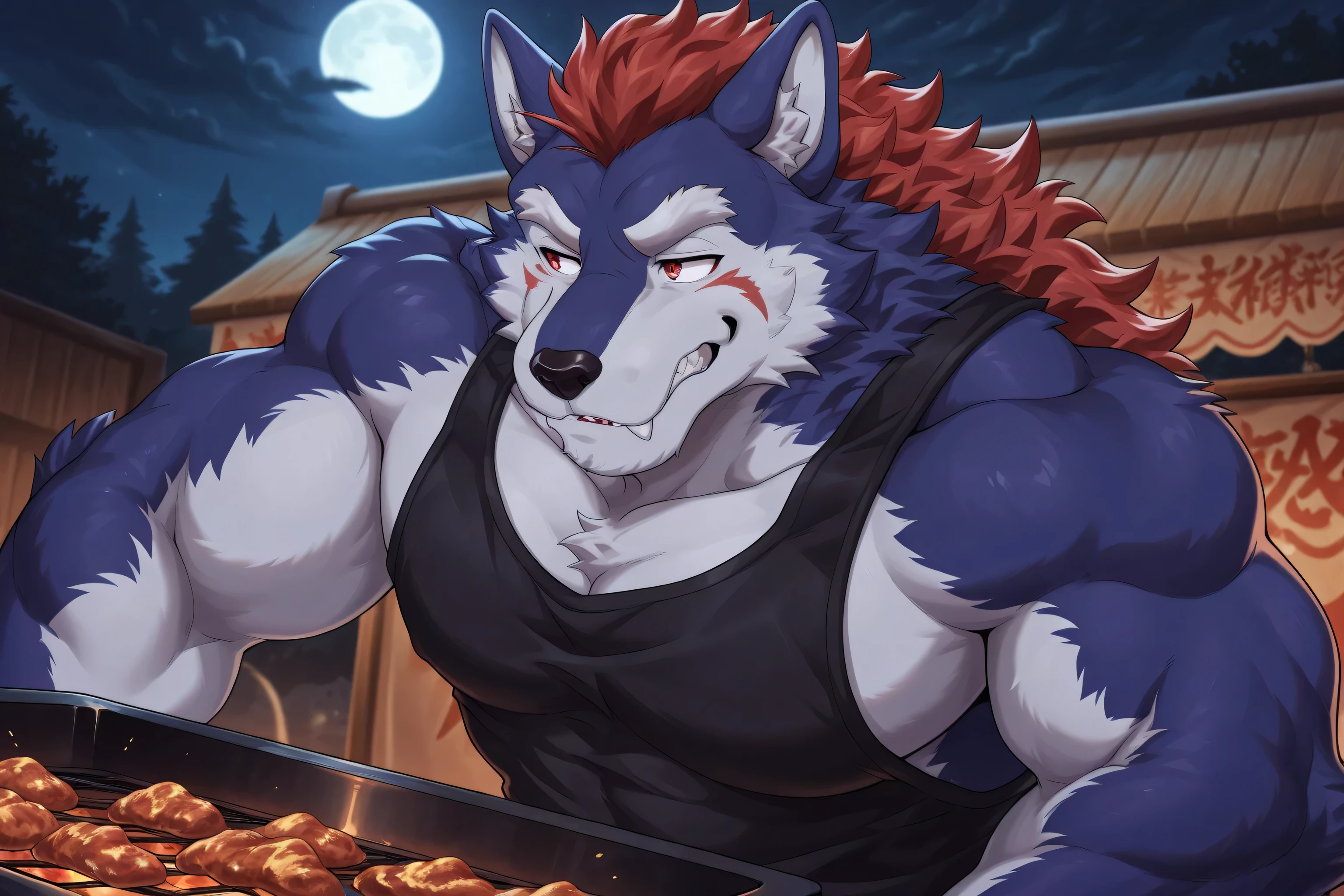 solo, wolf, (deep midnight blue fur), red hair, red eyes, white eyebrows, at night market, selling barbecue, hesitant expression, grudging face, looking away reluctantly, black tank top, dynamic pose, night market vendor, at night