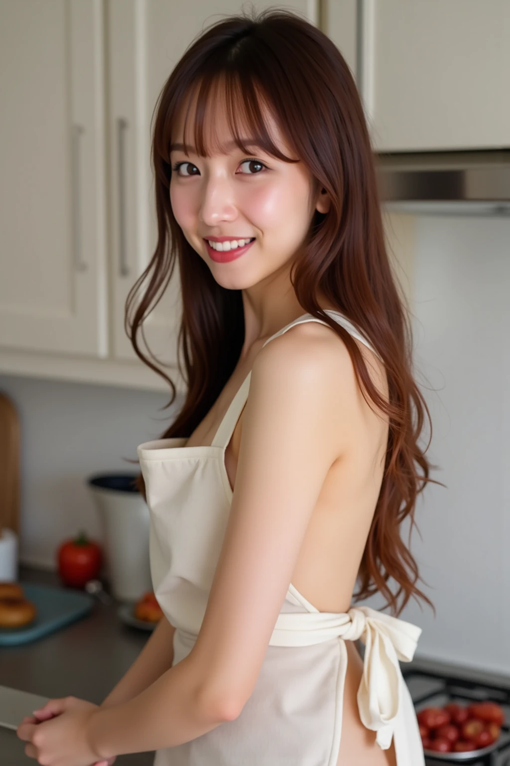 ((Highest quality, 8k, RAW Photos, masterpiece :1.3)), (Realistic、Realistic:1.37)、Very detailed、Ultra-high resolution, (Professional Lighting), ((From below:1.2、From the side:1.2)),((Full body photo)),alone, 1 female, alone, (18-year-old), Japanese, Beautiful and elaborate face, Shining Eyes, Brown eyes,Small breasts、 Small breasts:1.3,(Nogizaka-style beautiful girl) , Fine and beautiful skin, Skin Texture, Blue Kitchen,
(Healthy smile), (Pale pink string panties, Brown Hair),(Naked Apron:1.5、Small ruffled apron:1.3), Remember,
girl,alone、Look to the side