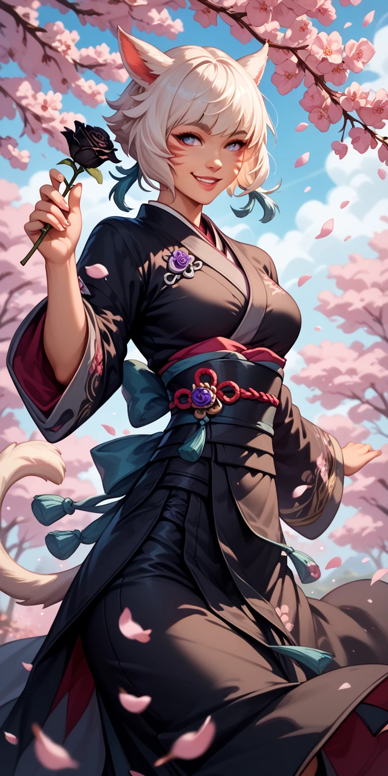 y'shtola rhul, in a black kimono posing with a smile looking at the camera and wind blowing through her hair holding a black rose surrounded by cherry blossom trees