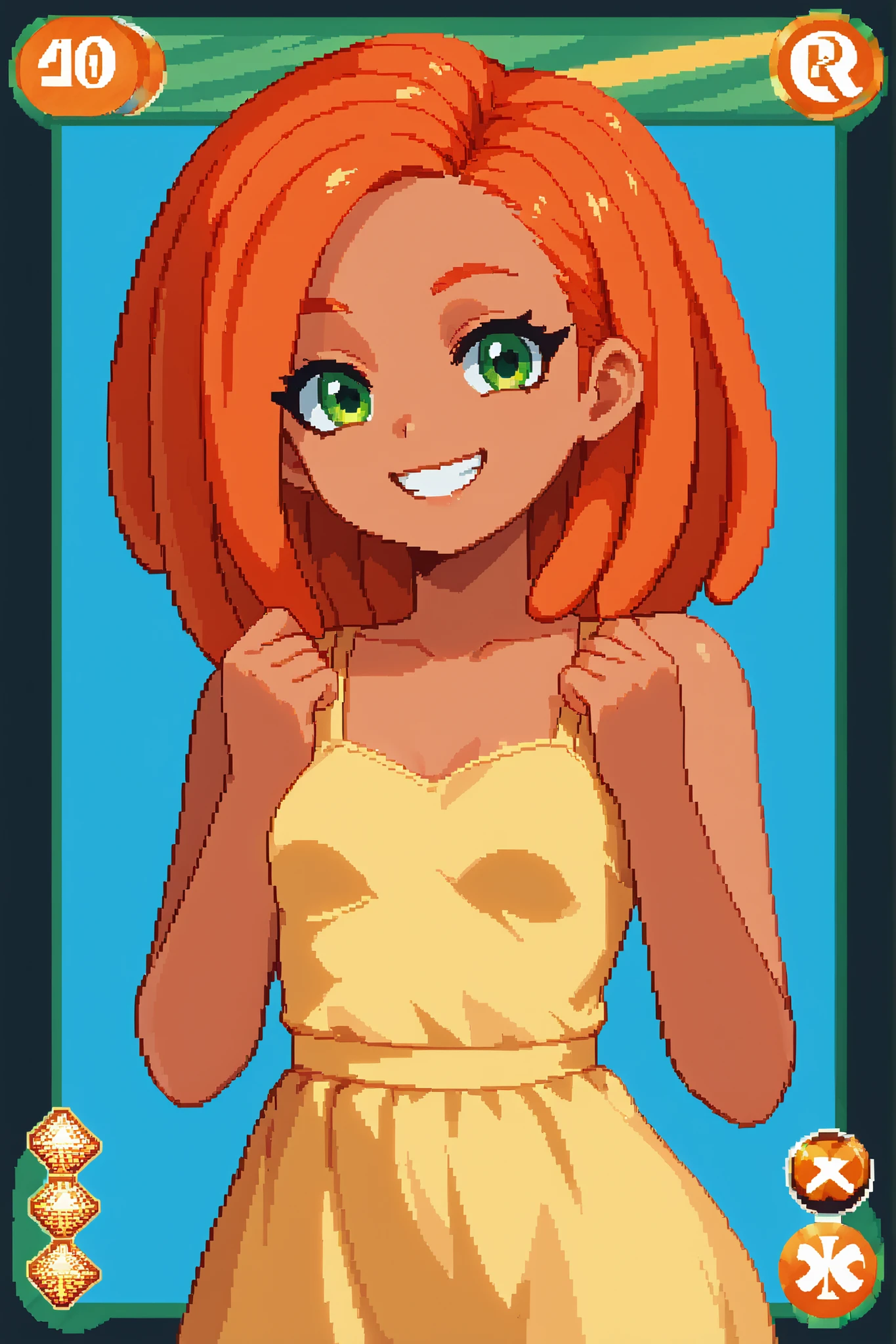 score_9, score_8_up, score_7_up, source_anime, 1girl, solo, pixel art, tr4dingcard, card (medium), english_test, common_rarity_icon, N, trading_card, white_trade_card_frames, solo, redhead, BREAK
(Red hair), dreadlocks, tanned skin, green eyes BREAK
Yellow sundress, small breasts BREAK
Portrait, upper body, blue background, simple background, smile, closed mouth, teeth